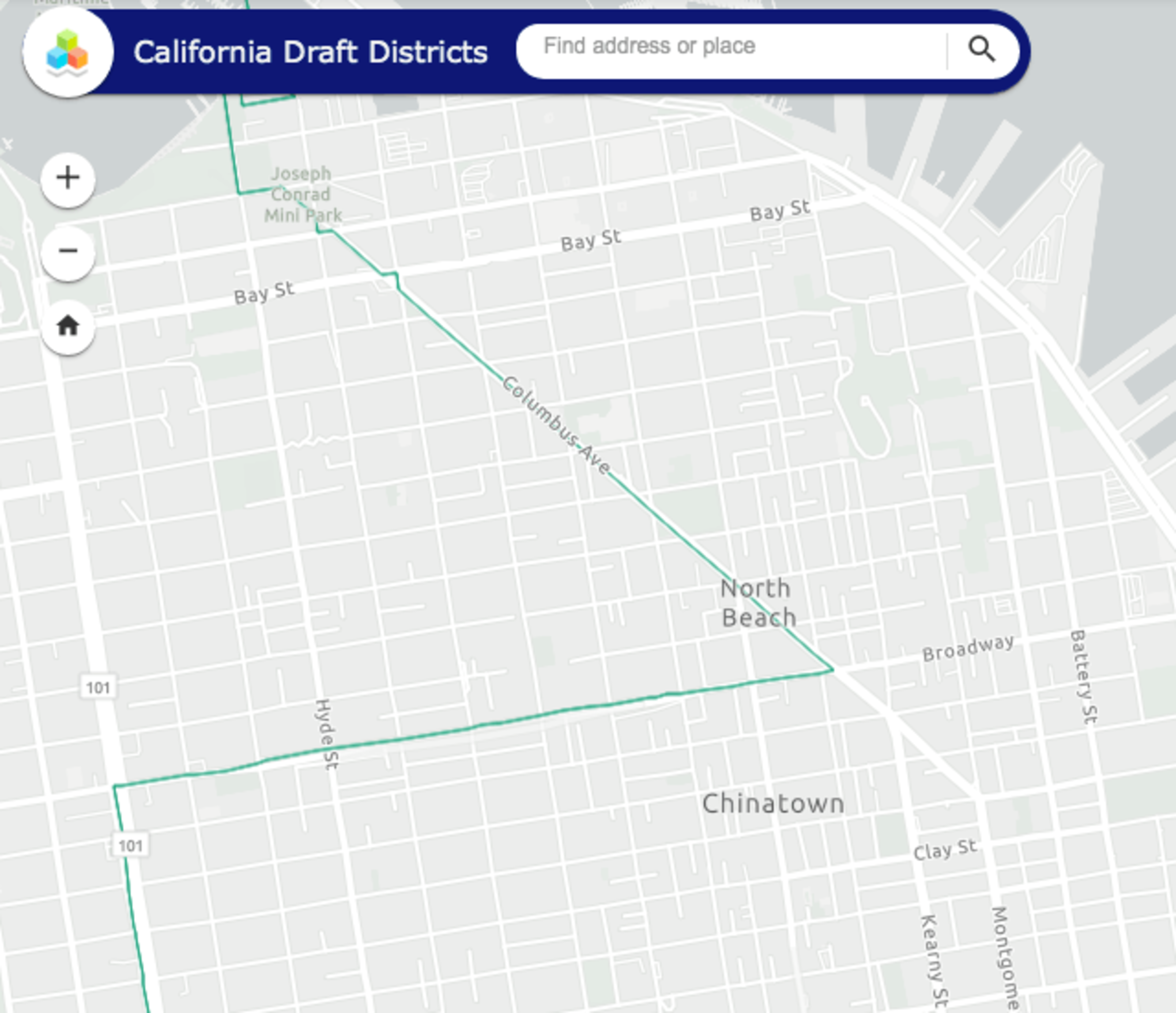 A map highlights a district boundary running along Bay St, Columbus Ave, through North Beach, and along Hyde St near Chinatown in San Francisco.