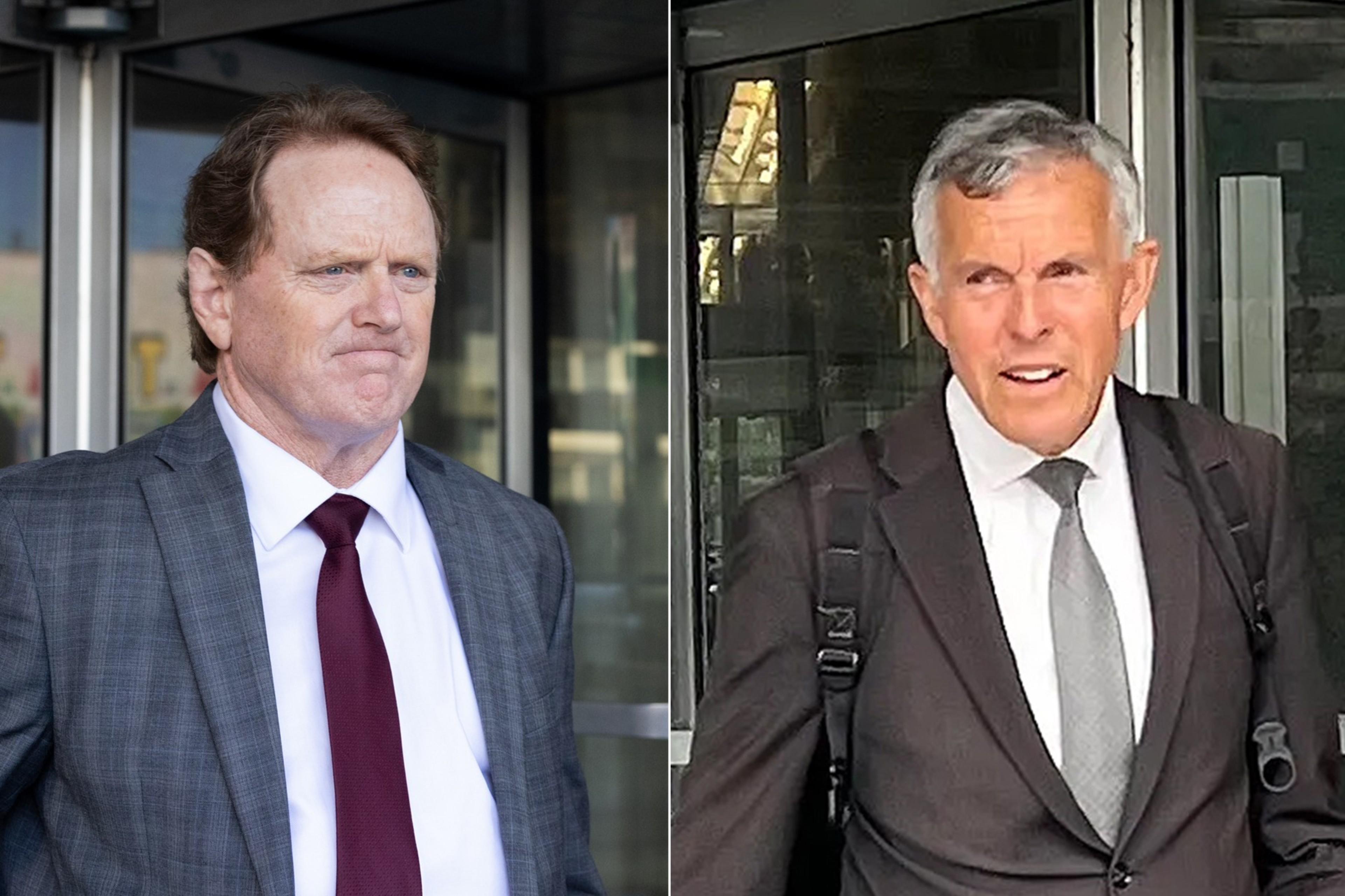 Two men in suits exit a courthouse front door.