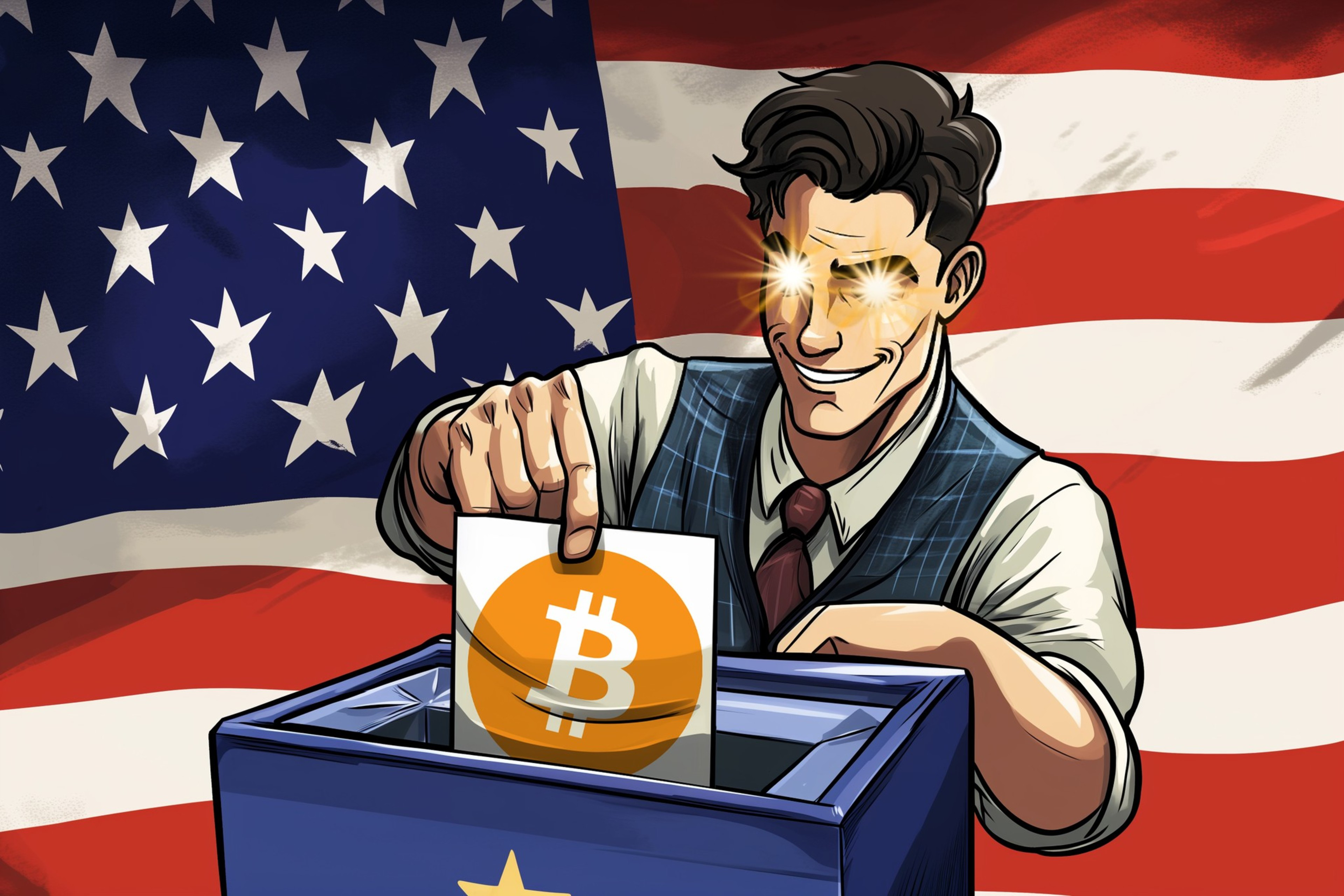 A man with glowing eyes, dressed in business attire, places a Bitcoin-themed paper into a ballot box with an American flag as the background.