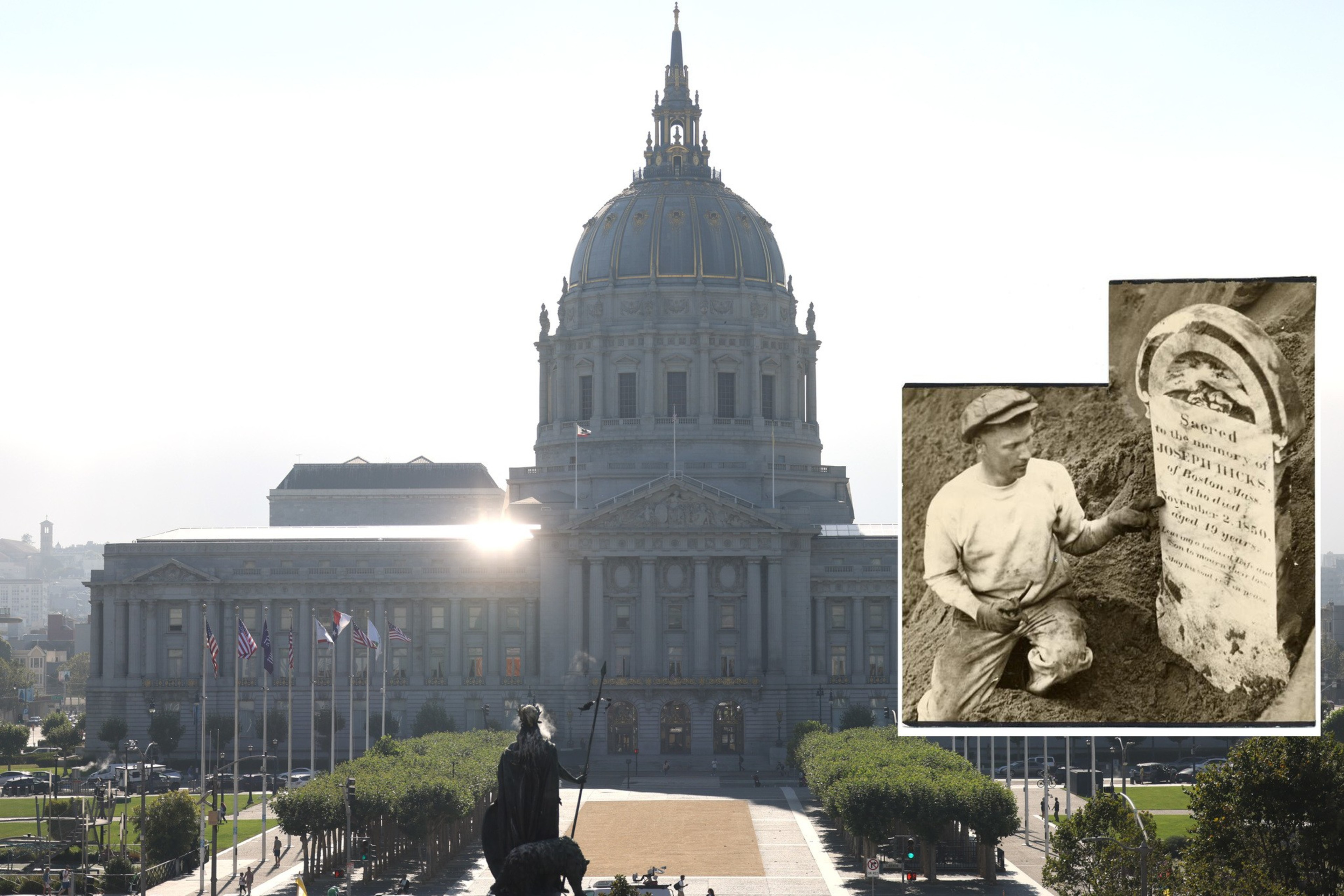 A large domed building with flags stands behind a statue in sunlight, inset shows a man holding a skull next to a historic gravestone in an excavation.