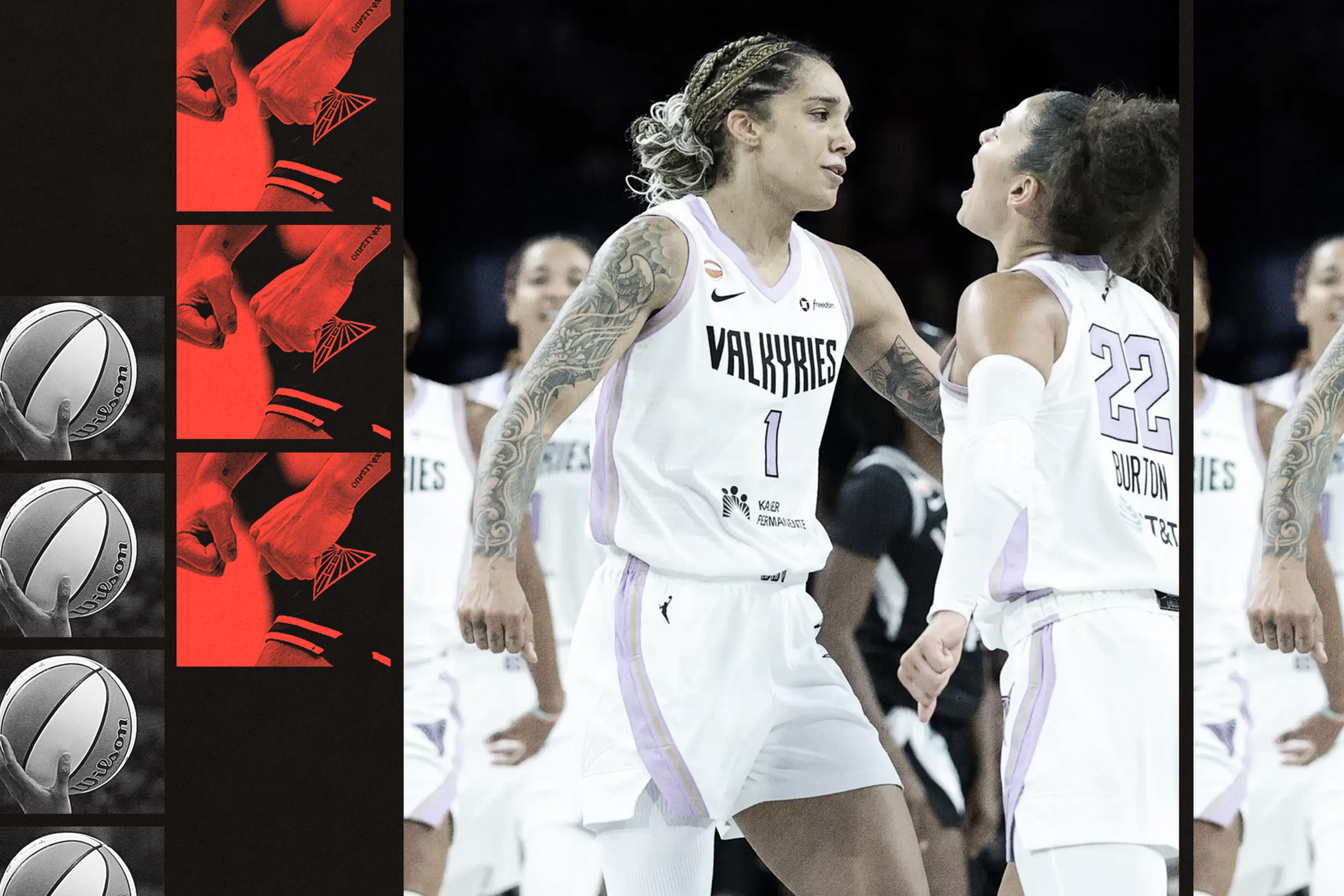 Two female basketball players in white "Valkyries" uniforms celebrate on the court, one with tattoos and the other wearing number 22 named Burton.