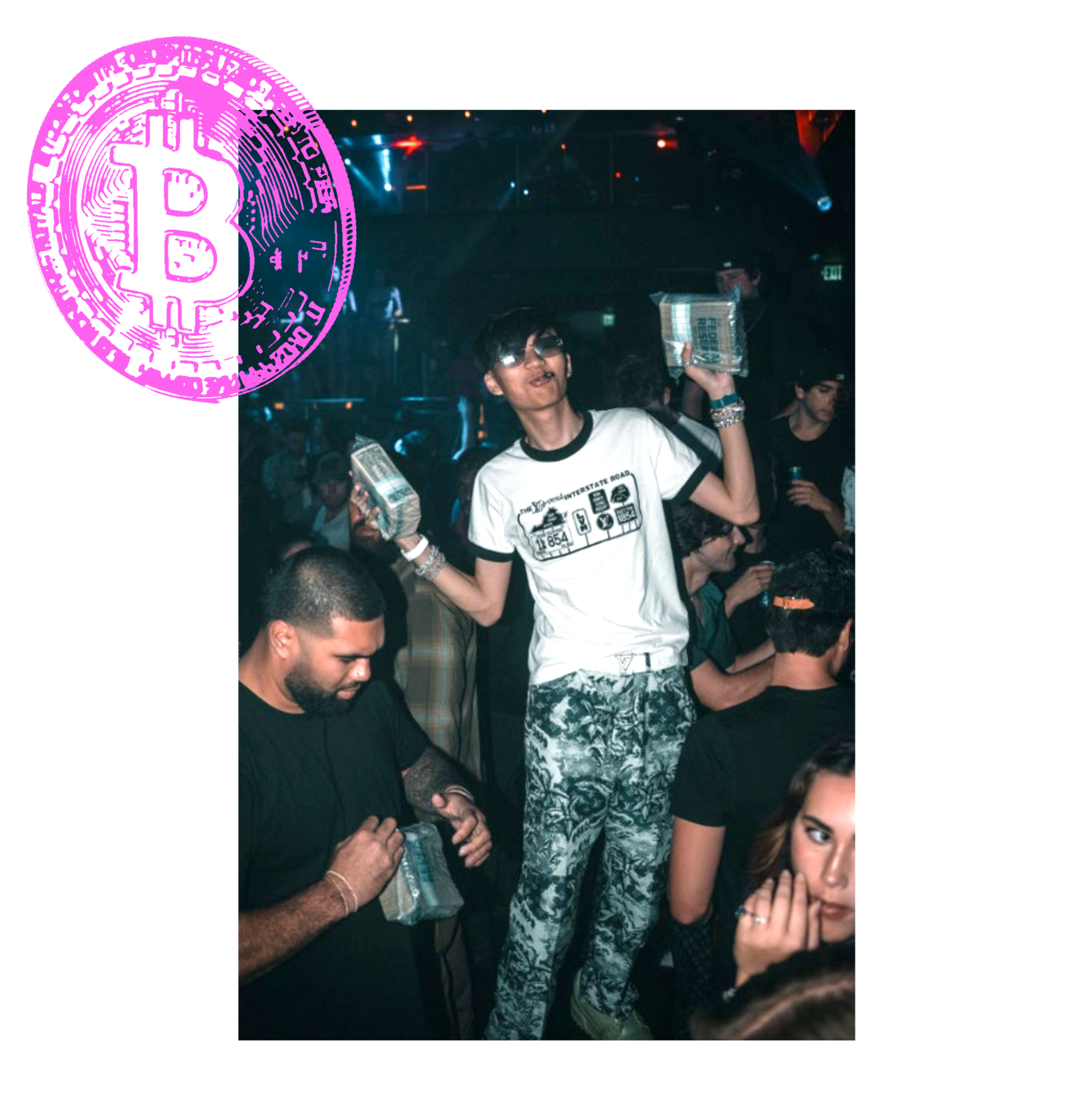 A young man wearing sunglasses and patterned pants holds two stacks of money, surrounded by people in a dimly lit, crowded party setting.