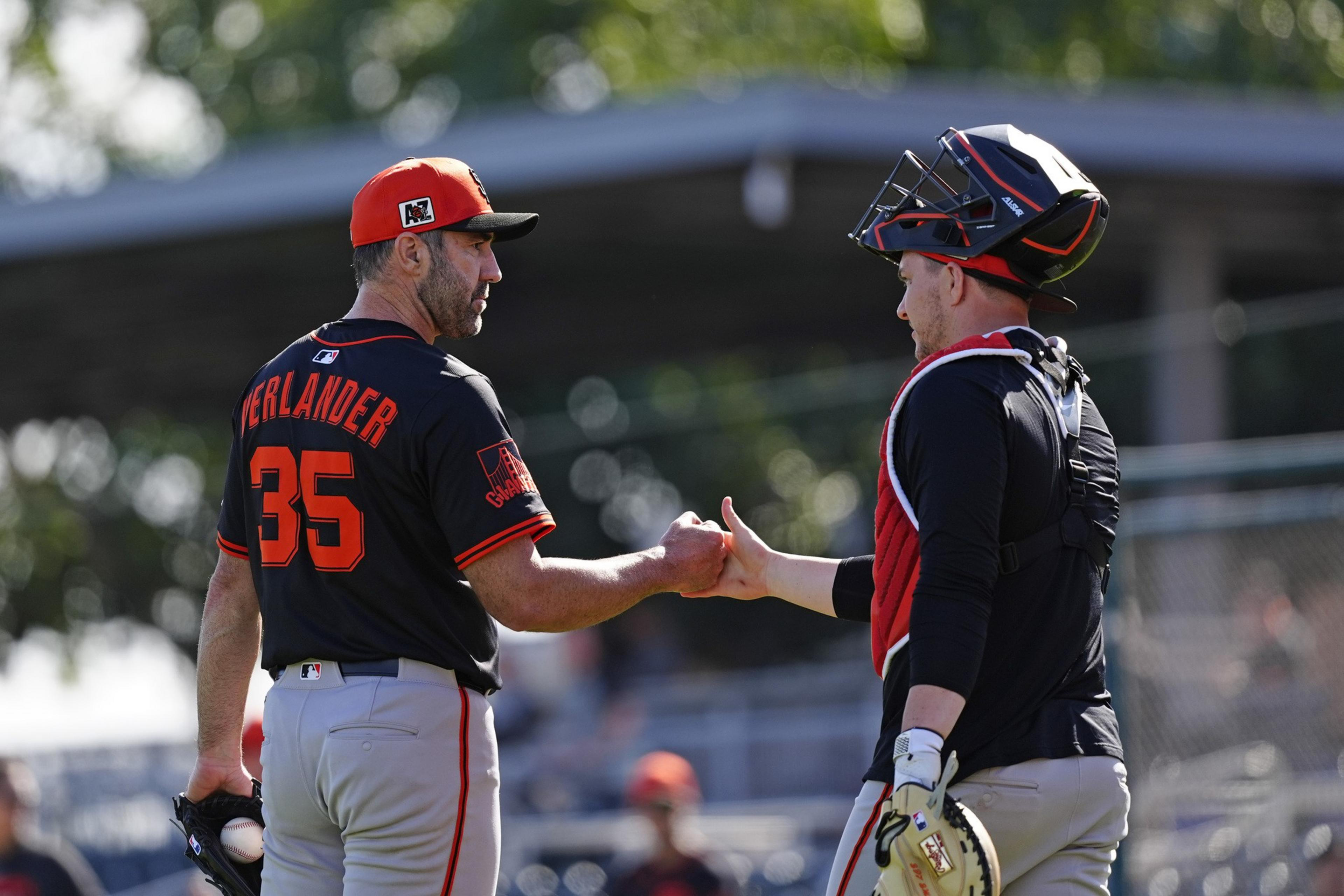 A baseball pitcher and catcher shake hands on the field. The pitcher wears a uniform labeled &quot;Verlander 35,&quot; and the catcher sports protective gear.
