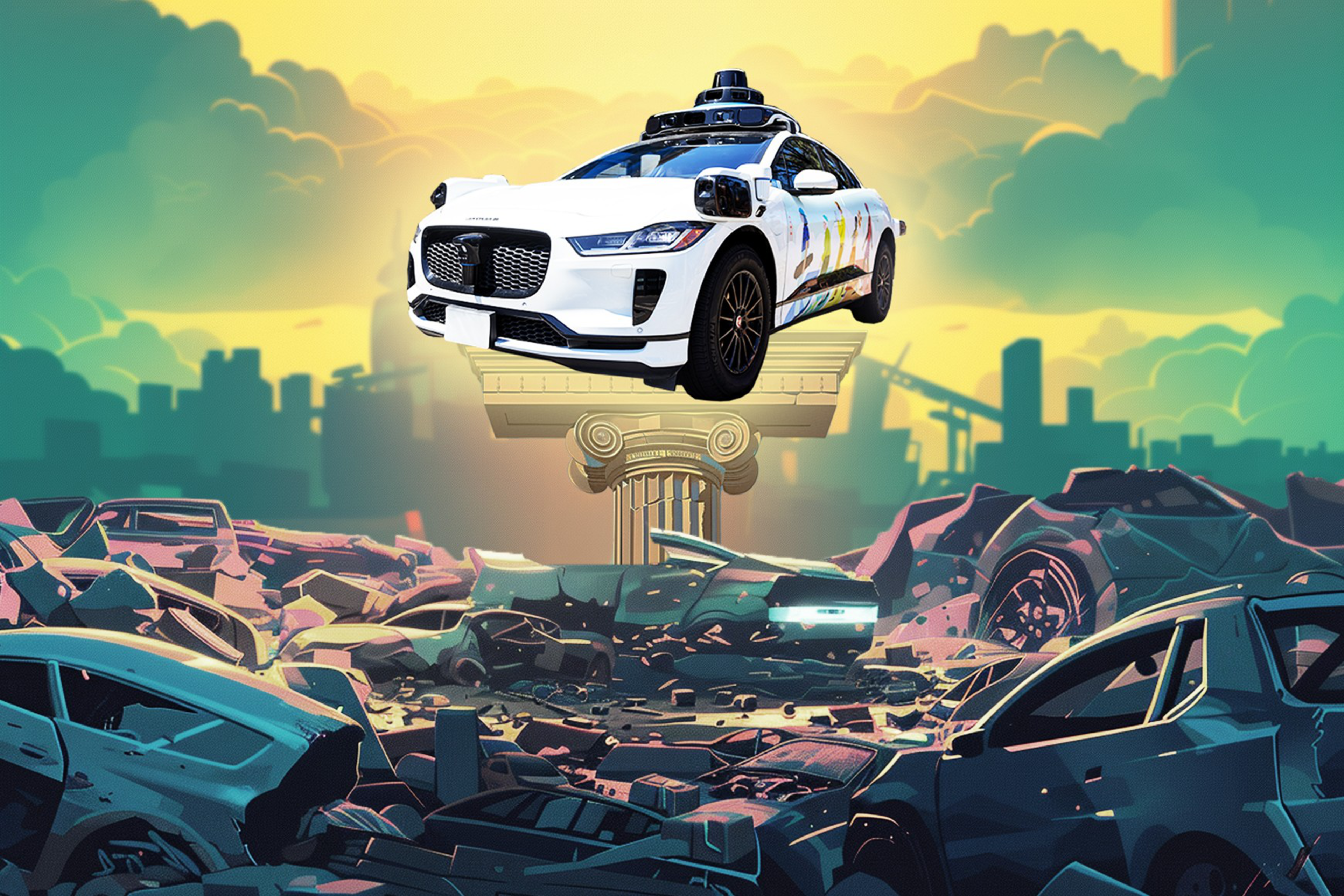 A police car hovers above a pile of crushed cars with a city skyline in the background.