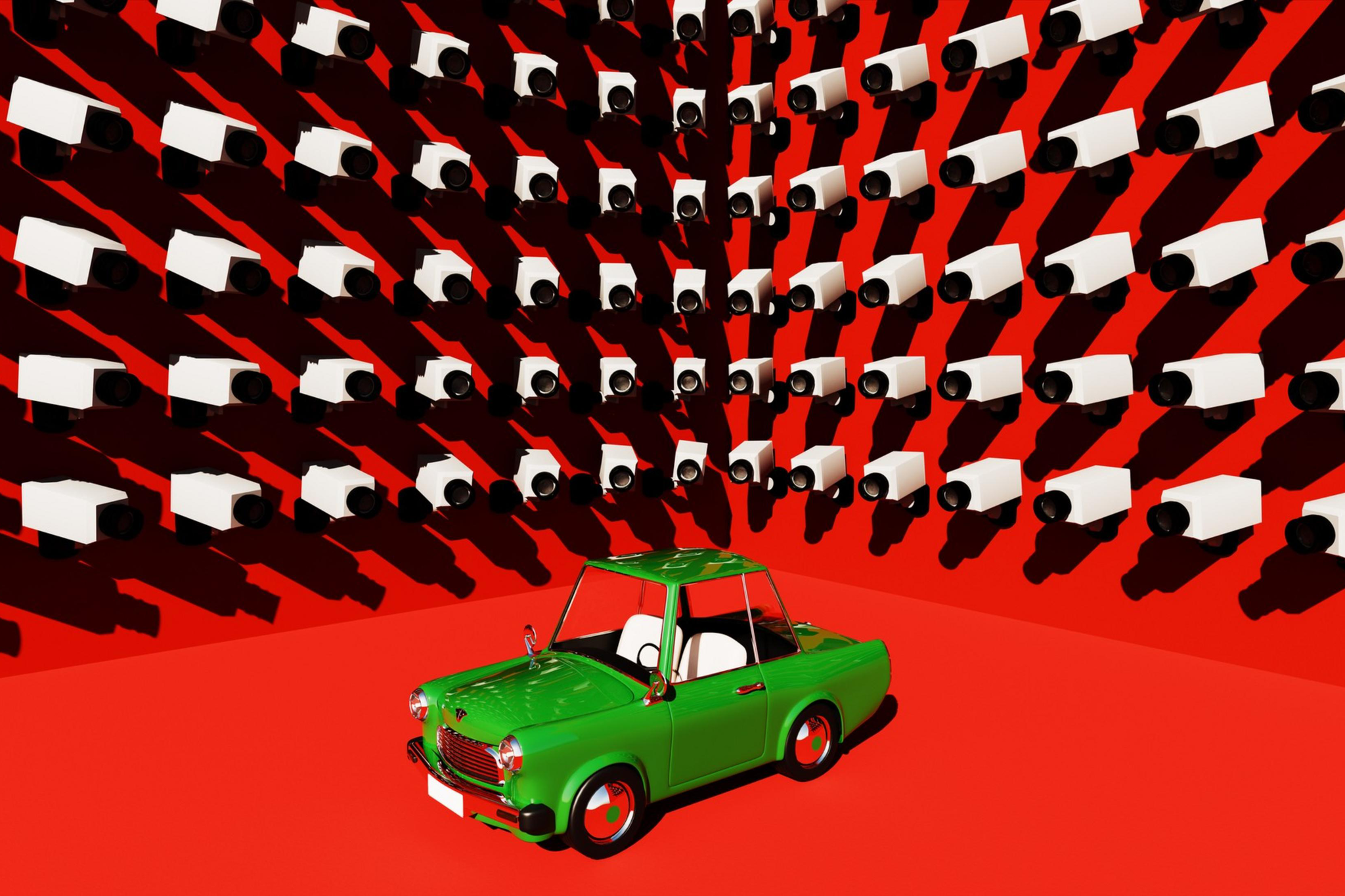 This playful yet thought-provoking image features a cartoon-style green car surrounded by an overwhelming number of CCTV cameras, all directed at it, symbolizing the increasing concerns around surveillance and privacy in the modern world. The juxtaposition of a whimsical, light-hearted car with the serious issue of constant monitoring underscores the tension between personal freedom and the pervasive presence of security measures. Ideal for illustrating themes of surveillance, privacy invasion, and the growing influence of technology in everyday life, this stock image is perfect for marketing campaigns, digital security content, and discussions around personal privacy. The design allows for easy customization with logos, taglines, and branding elements.