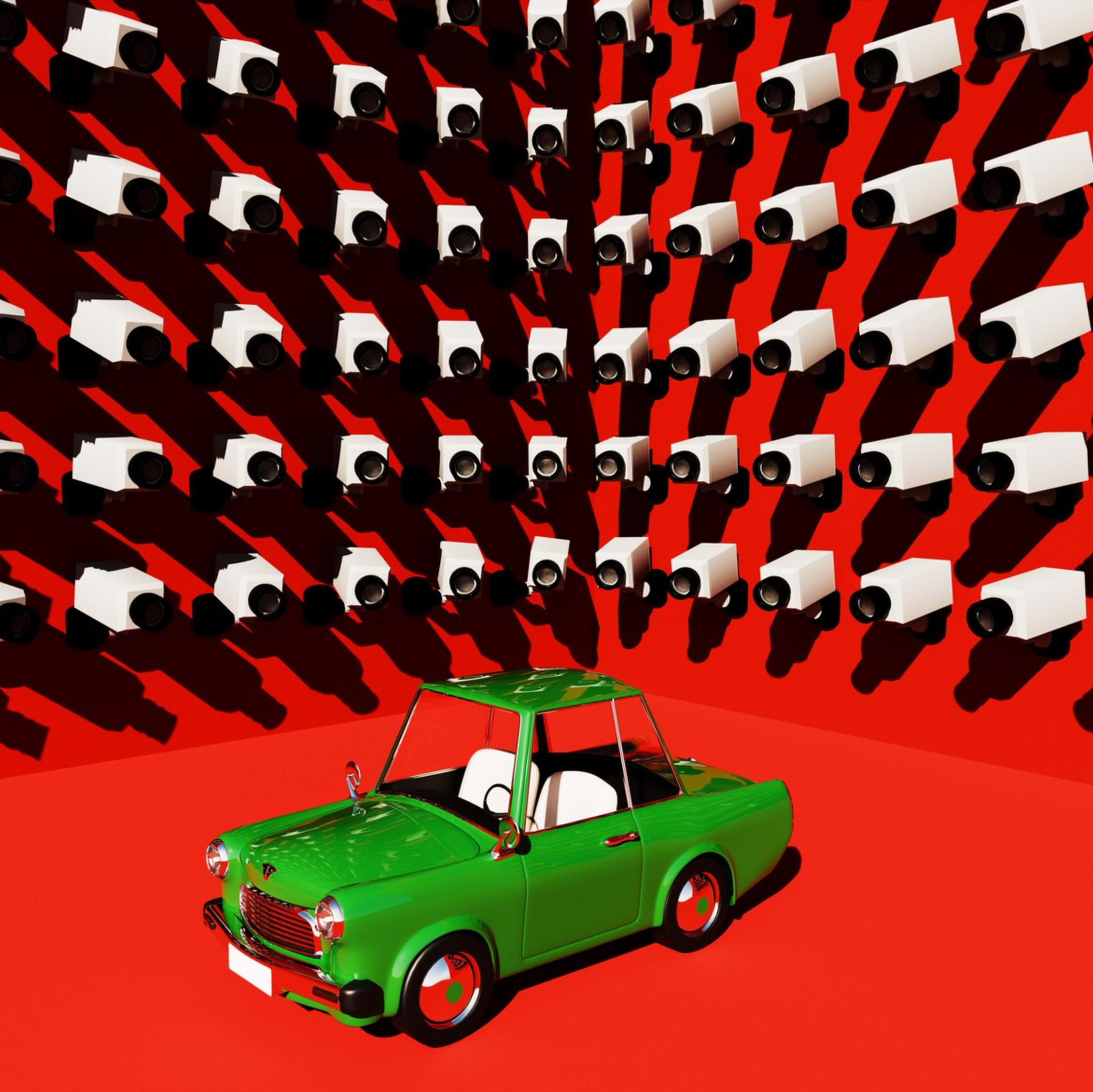 This playful yet thought-provoking image features a cartoon-style green car surrounded by an overwhelming number of CCTV cameras, all directed at it, symbolizing the increasing concerns around surveillance and privacy in the modern world. The juxtaposition of a whimsical, light-hearted car with the serious issue of constant monitoring underscores the tension between personal freedom and the pervasive presence of security measures. Ideal for illustrating themes of surveillance, privacy invasion, and the growing influence of technology in everyday life, this stock image is perfect for marketing campaigns, digital security content, and discussions around personal privacy. The design allows for easy customization with logos, taglines, and branding elements.