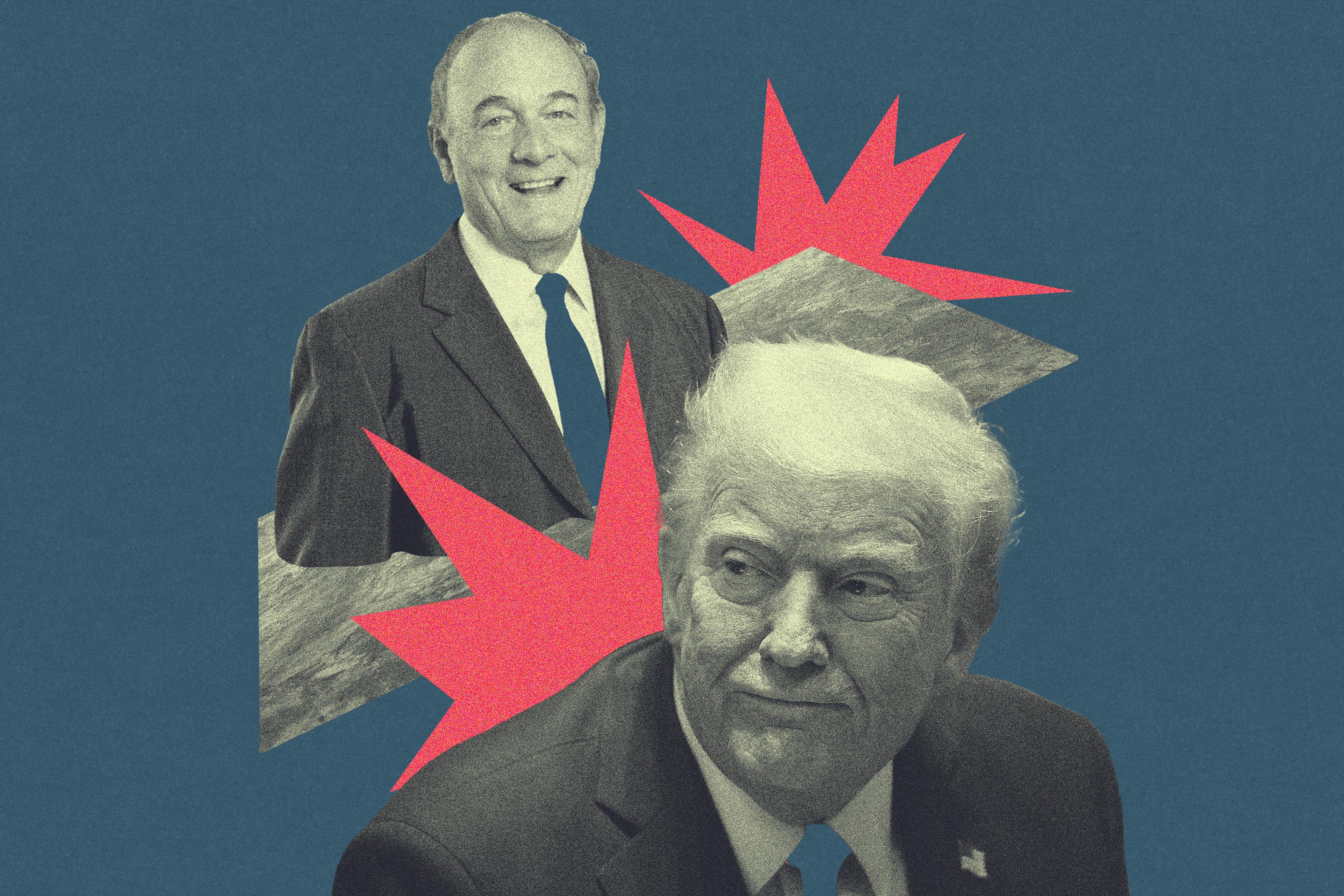 A photo collage of lawyer John Keker behind Donald Trump