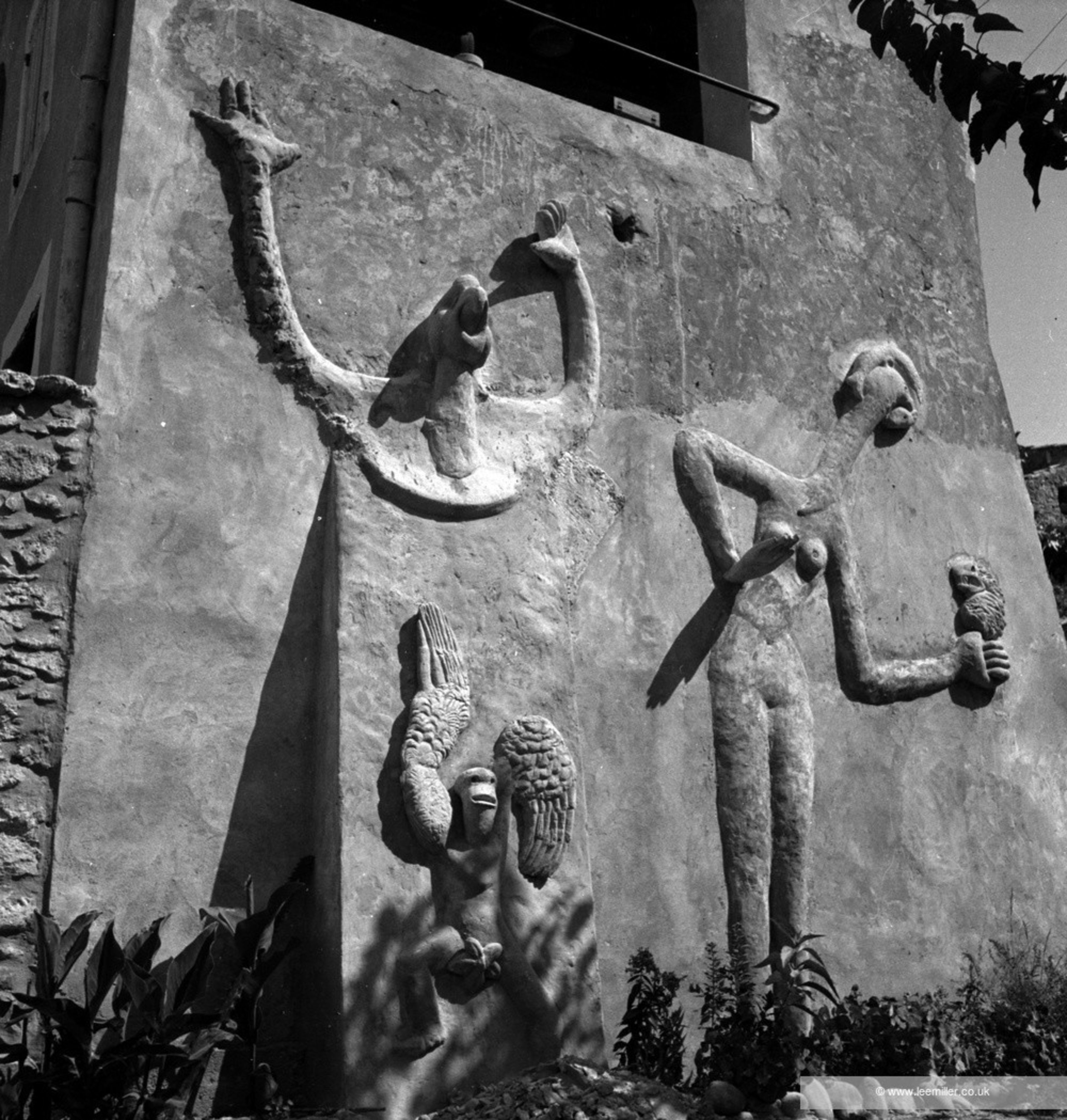 The image displays a textured wall with abstract sculptures of a humanoid figure and a bird-like creature with wings. The scene is framed by plants and shadows.