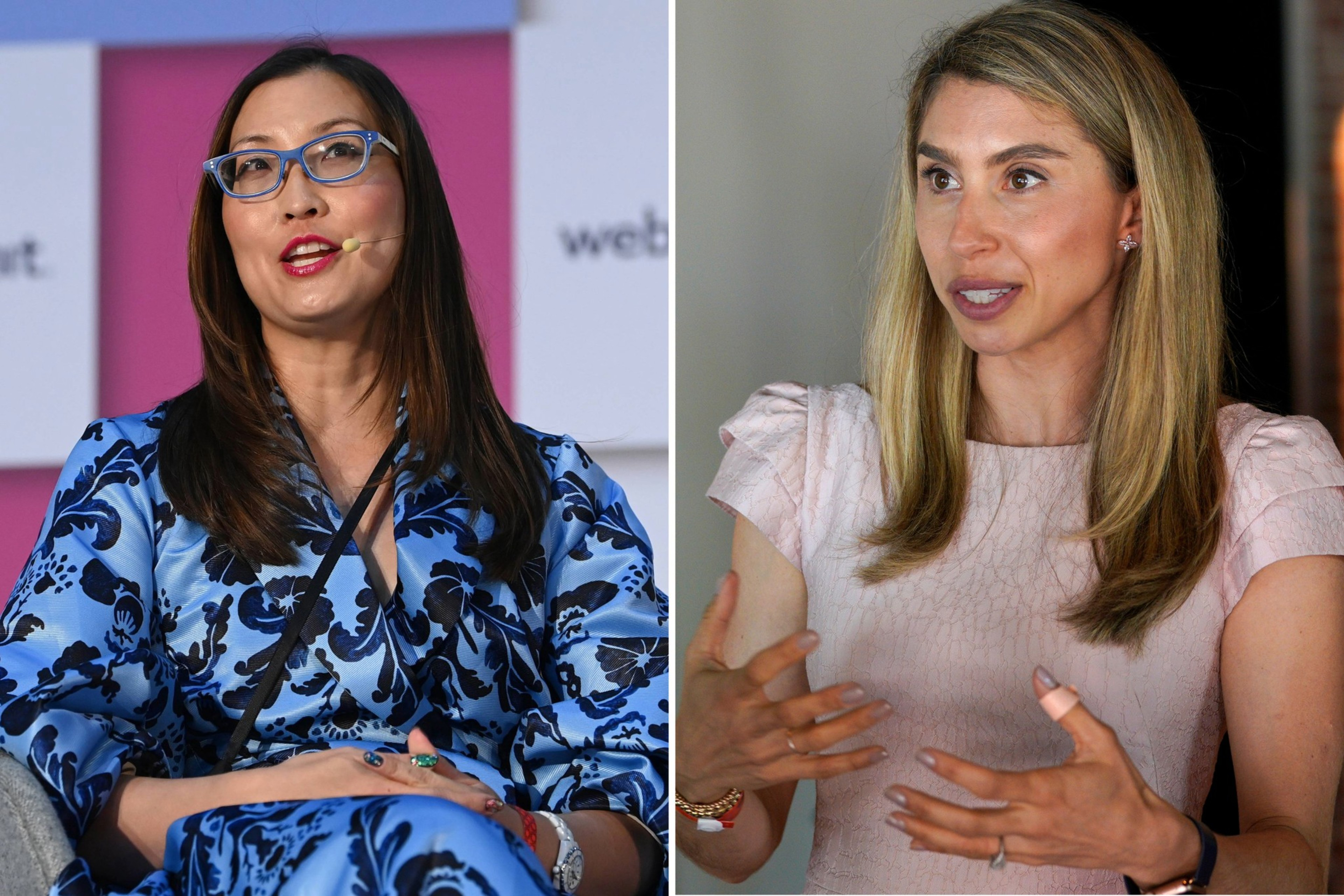 The image shows two women side by side. The woman on the left wears dark sunglasses and a navy outfit, while the woman on the right speaks at a microphone in a pink blazer.