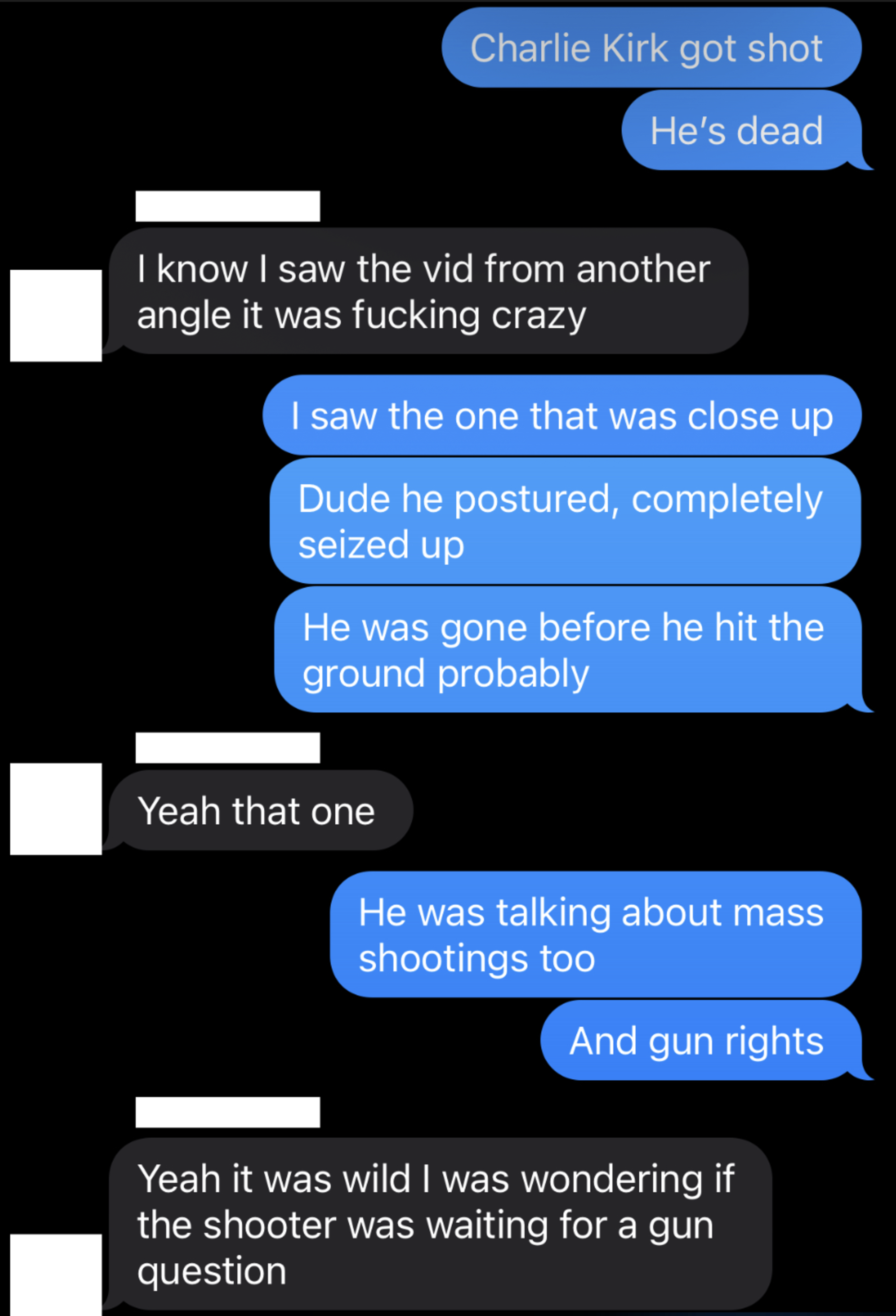 A text conversation discusses a video of Charlie Kirk being shot, describing his posture, reaction, and speculation about the shooter’s intentions.