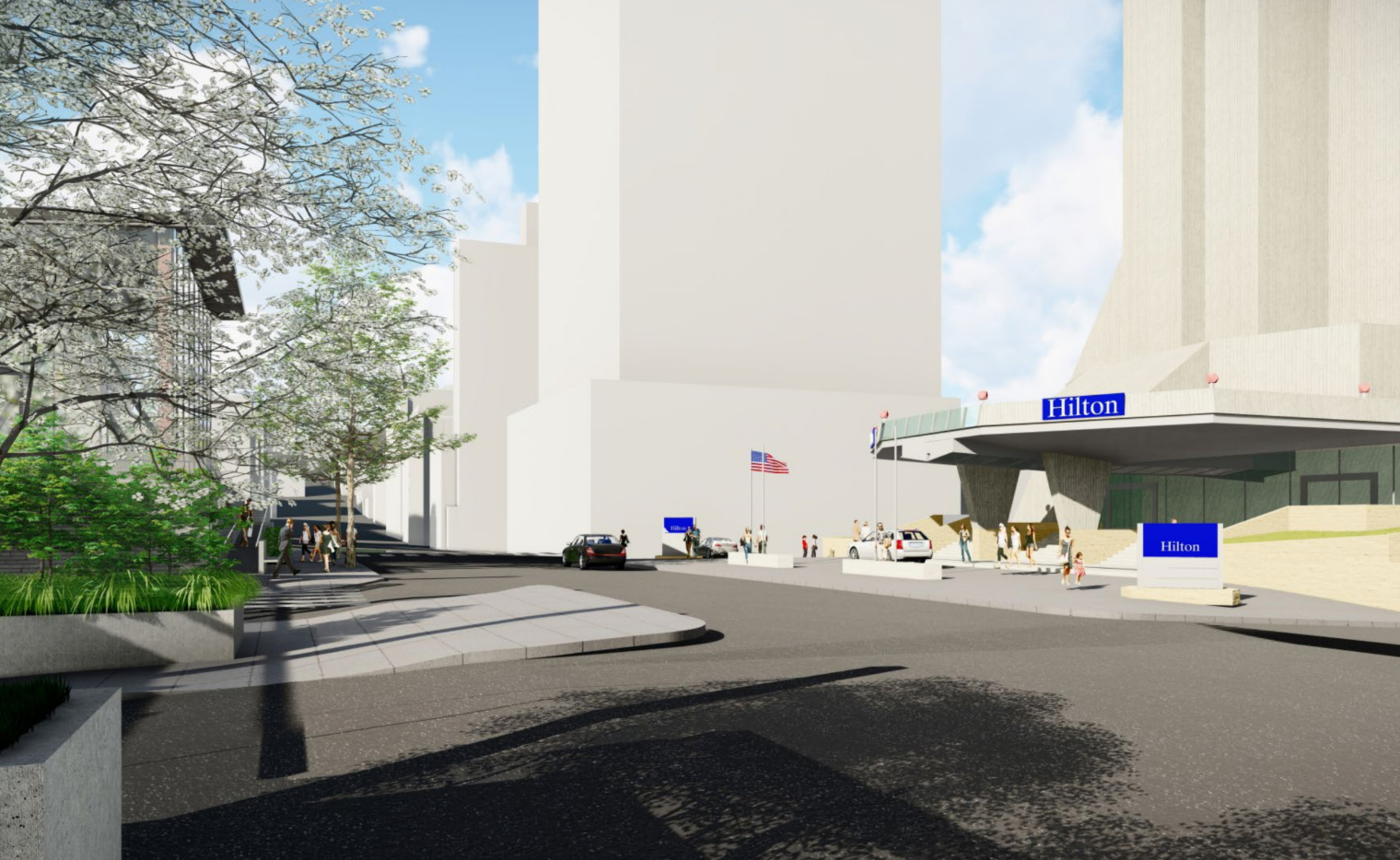 A Hilton hotel entrance with an American flag, people walking, cars on a street, and trees with white blossoms on the left.