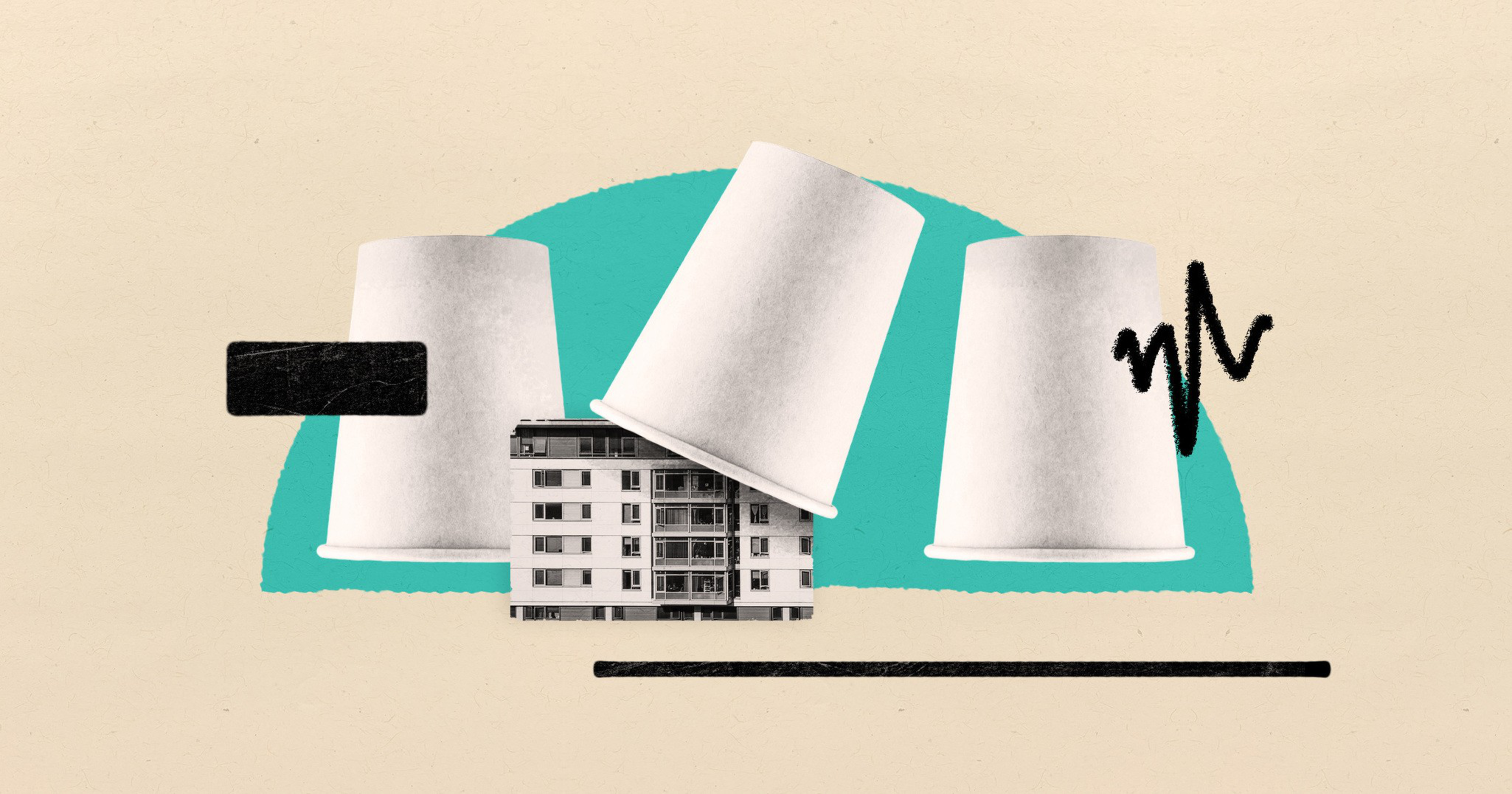 Three white paper cups are arranged in a row, one tipped over to reveal a black-and-white photo of an apartment building underneath, set against a teal semicircle.