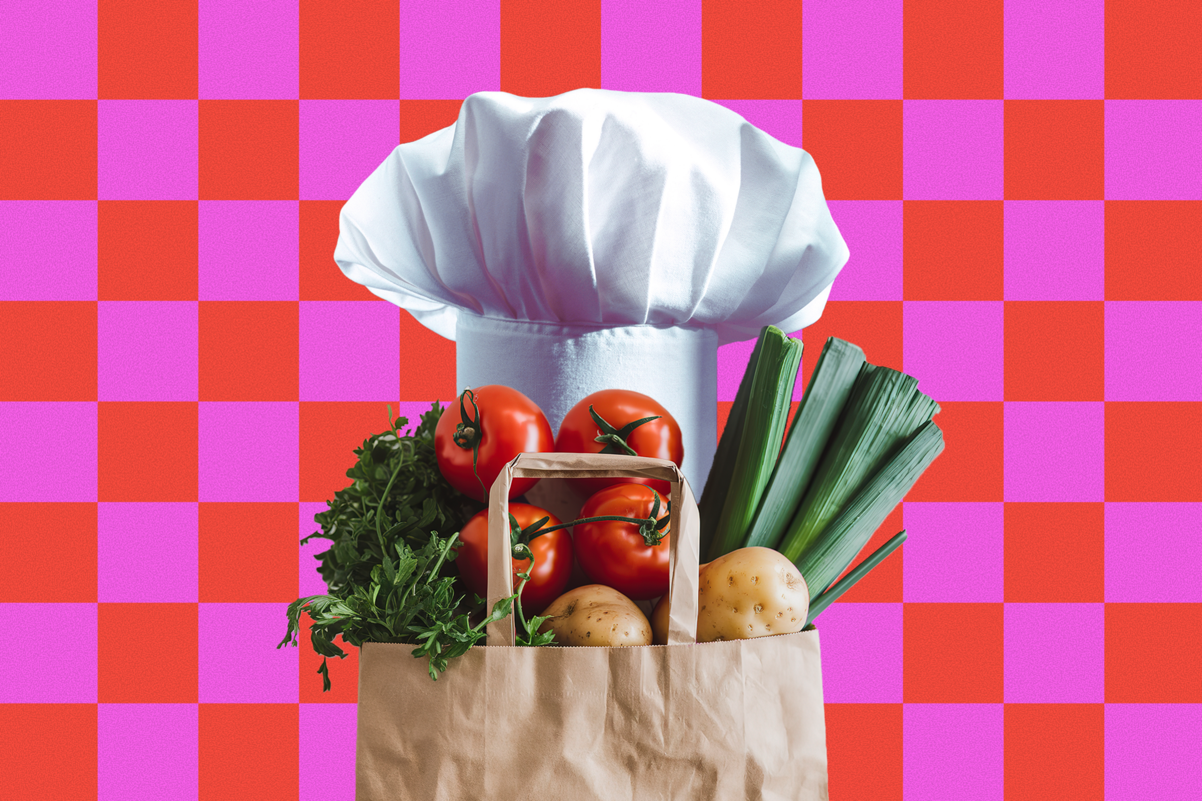 A paper bag filled with tomatoes, potatoes, green onions, and parsley wears a white chef's hat against a red and pink checkered background.