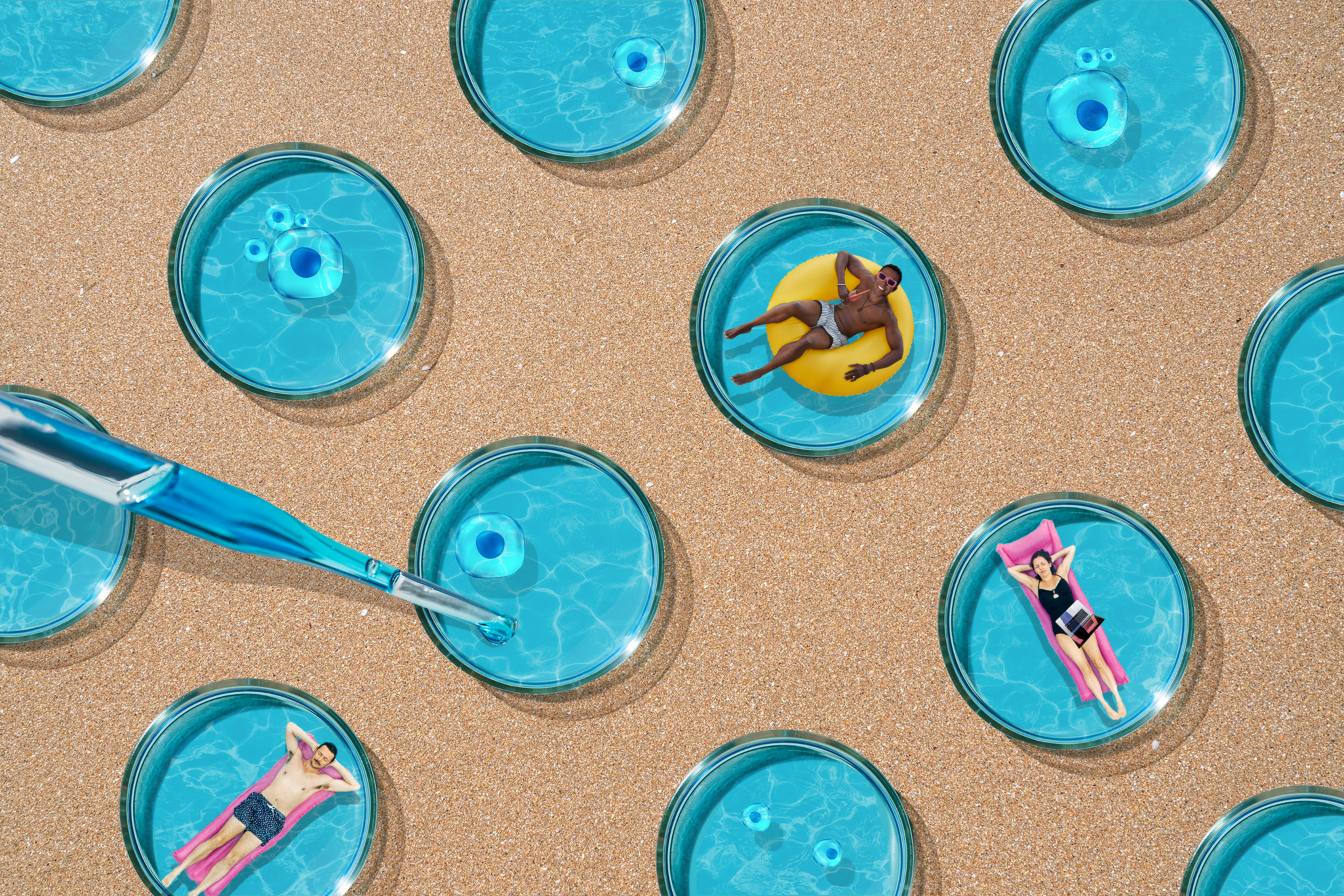 Petri dishes filled with blue liquid are on sand. Miniature figures on floats relax in some dishes, while a dropper adds liquid to one.
