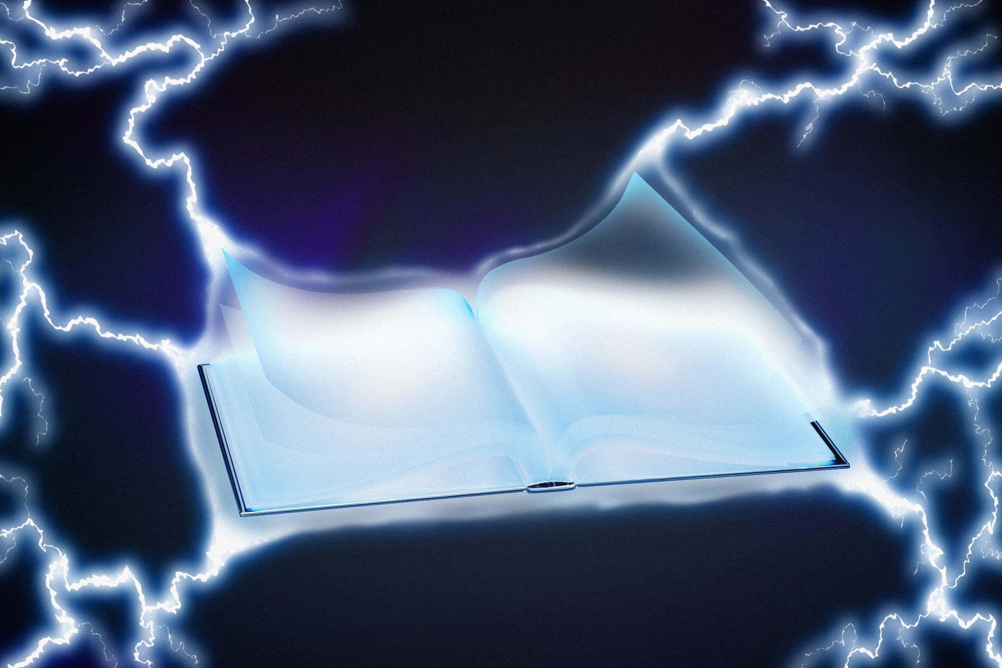 A glowing open book with blank pages floats surrounded by bright, jagged lightning bolts against a dark background.