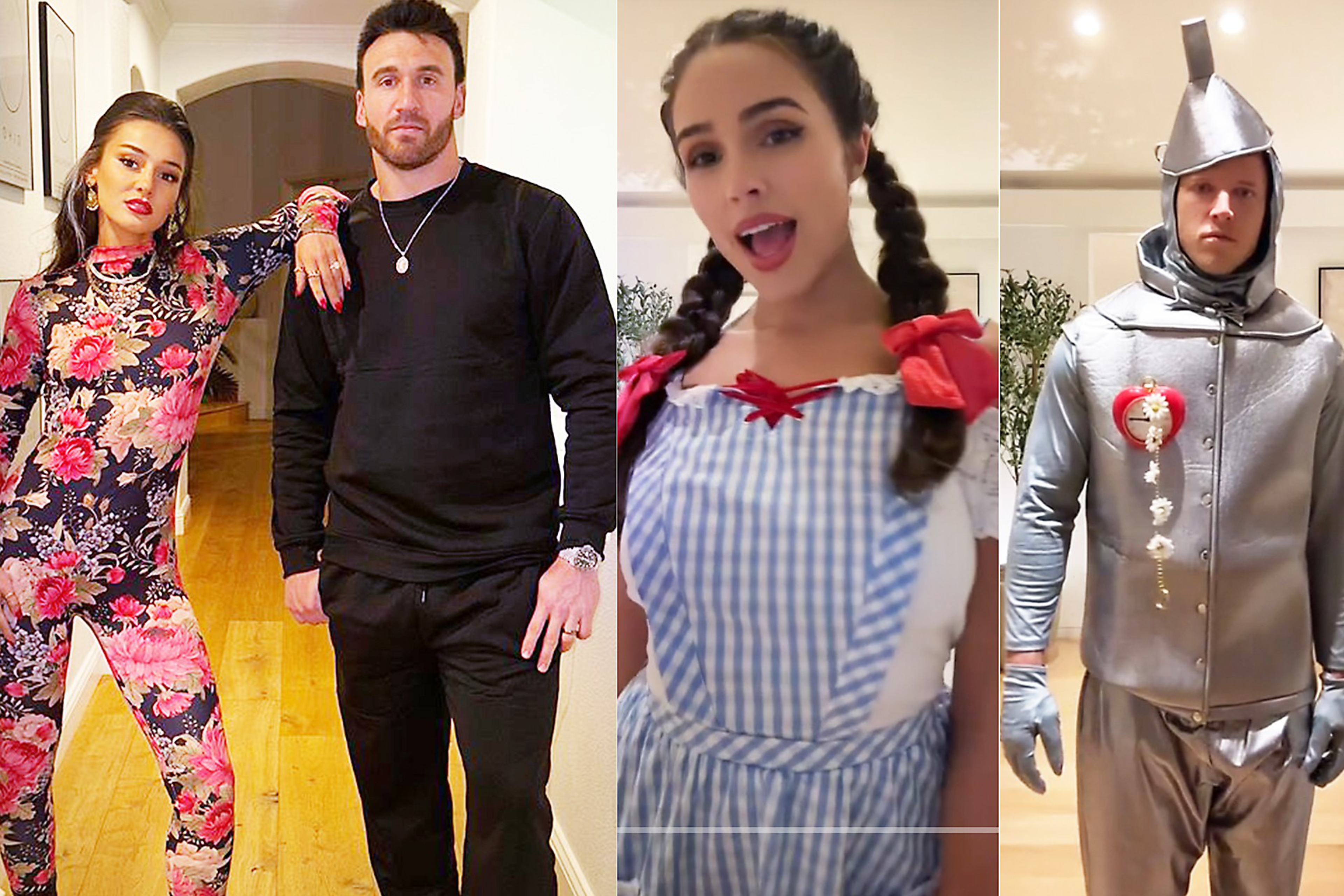 Model and actress Olivia Culpo posted a TikTok video on Tuesday of herself as Dorothy from â€œWizard of Ozâ€, center right, alongside injured husband Christian McCaffrey as the Tin Man, right, and fashion designer Kristin Juszczyk posted an Instagram Tuesday