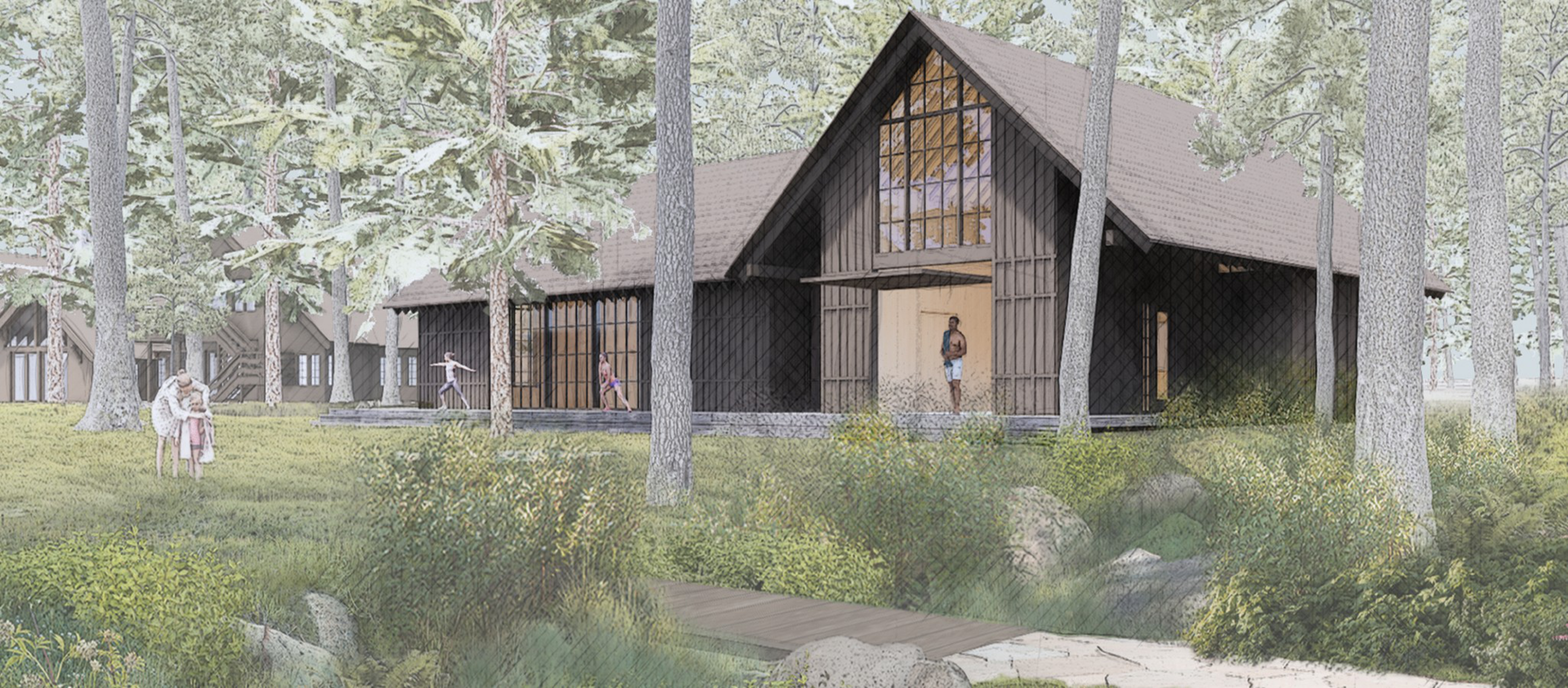 A rustic cabin with large windows sits in a wooded area. Three people are seen near the cabin, with one standing inside and two others outside. The setting is serene and lush.