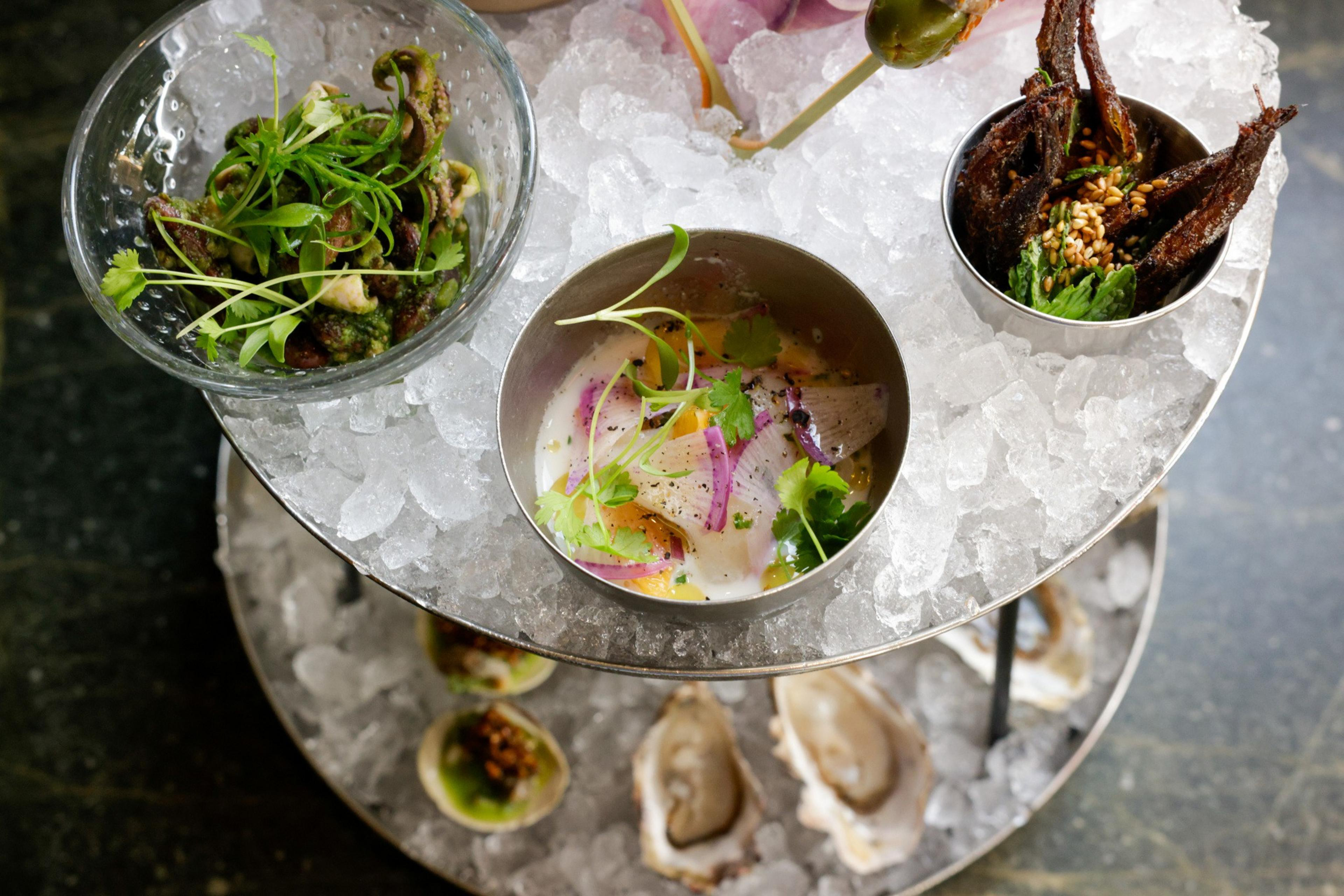 A gourmet seafood platter with oysters, ceviche, and garnished dishes on ice.