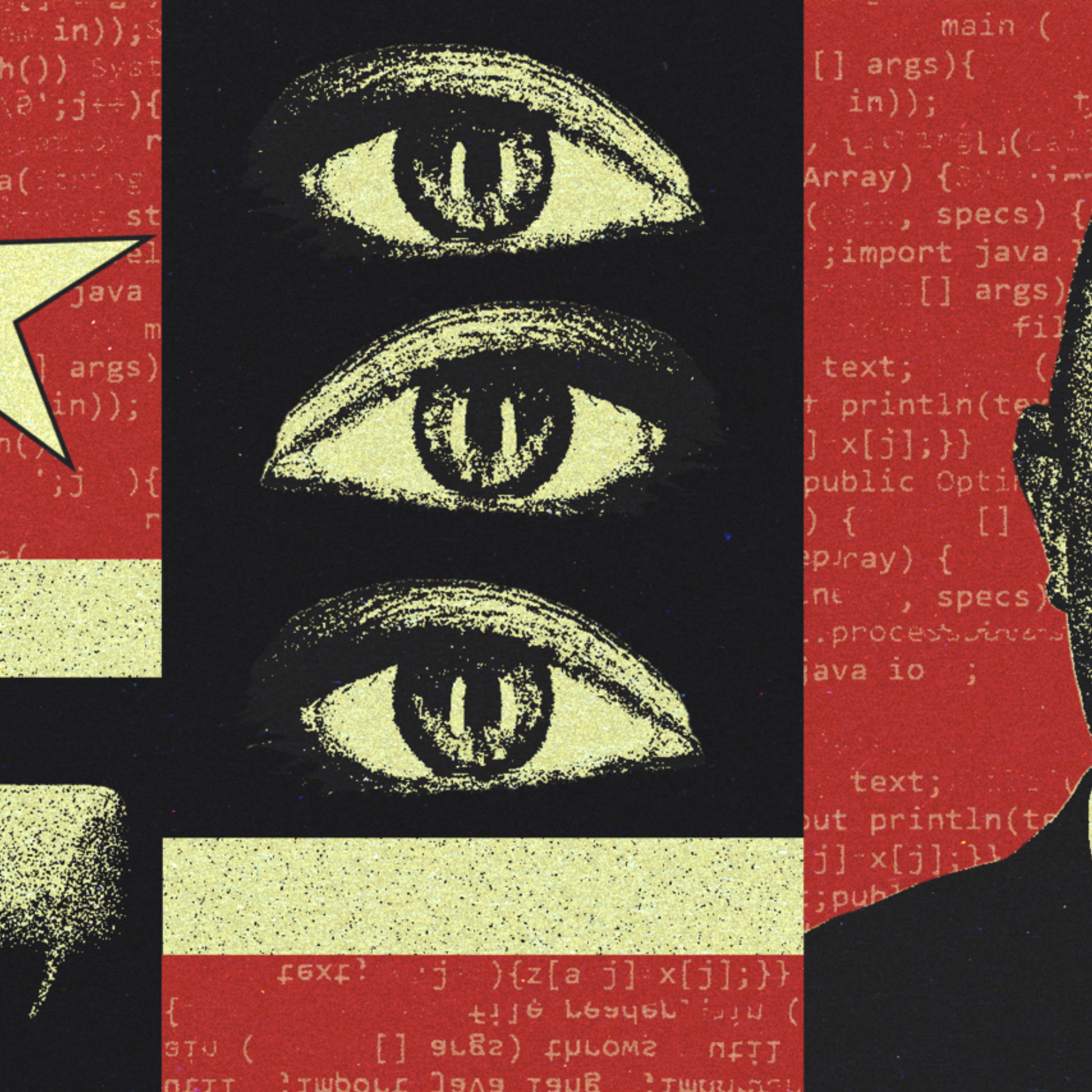 A photo illustration depicting a portrait and shapes in black and red.