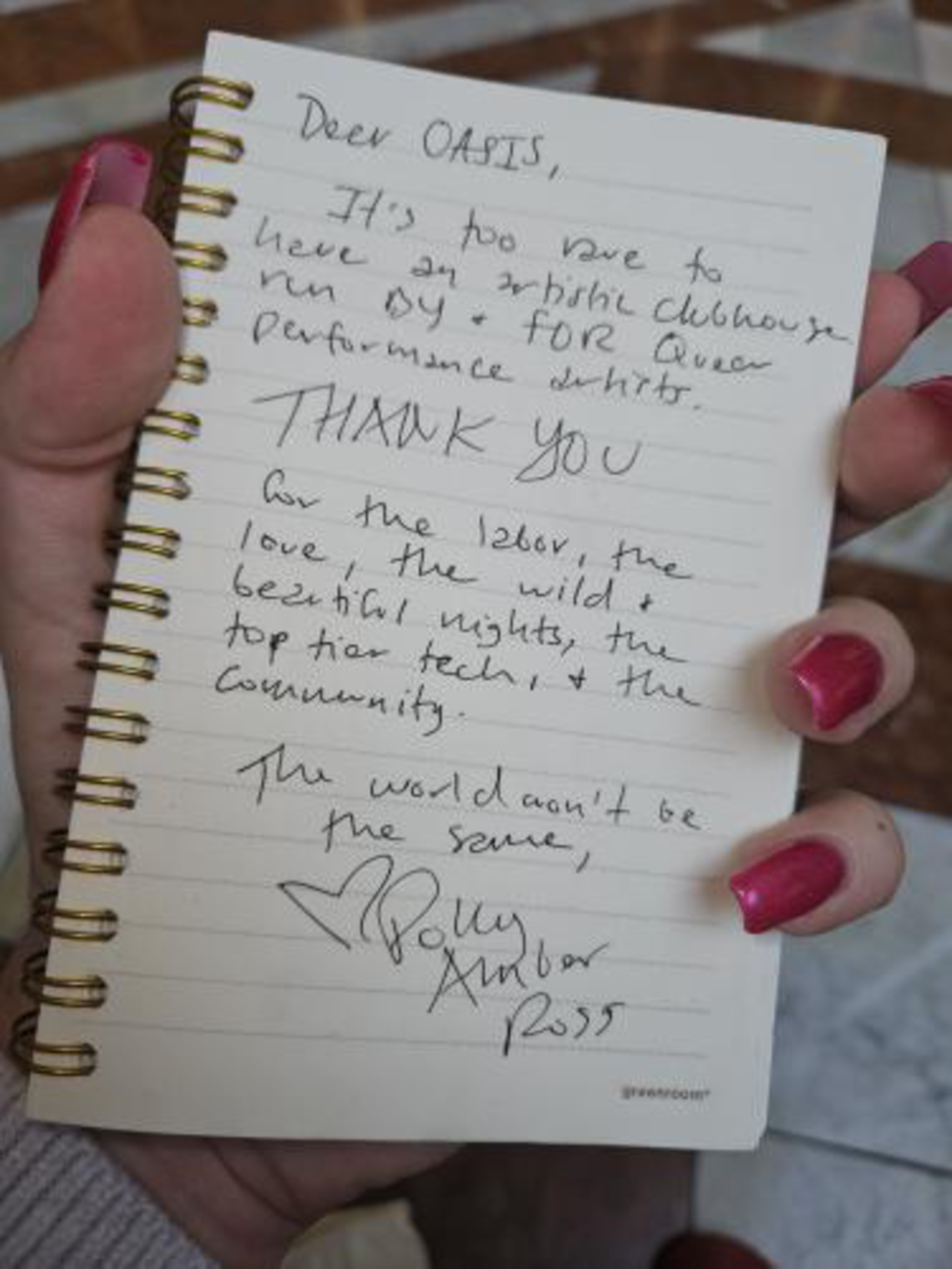 A handwritten note thanks Oasis for a clubhouse run and talent, expressing gratitude for the labor, love, nights, tech, and community, signed Polly Amber Ross.