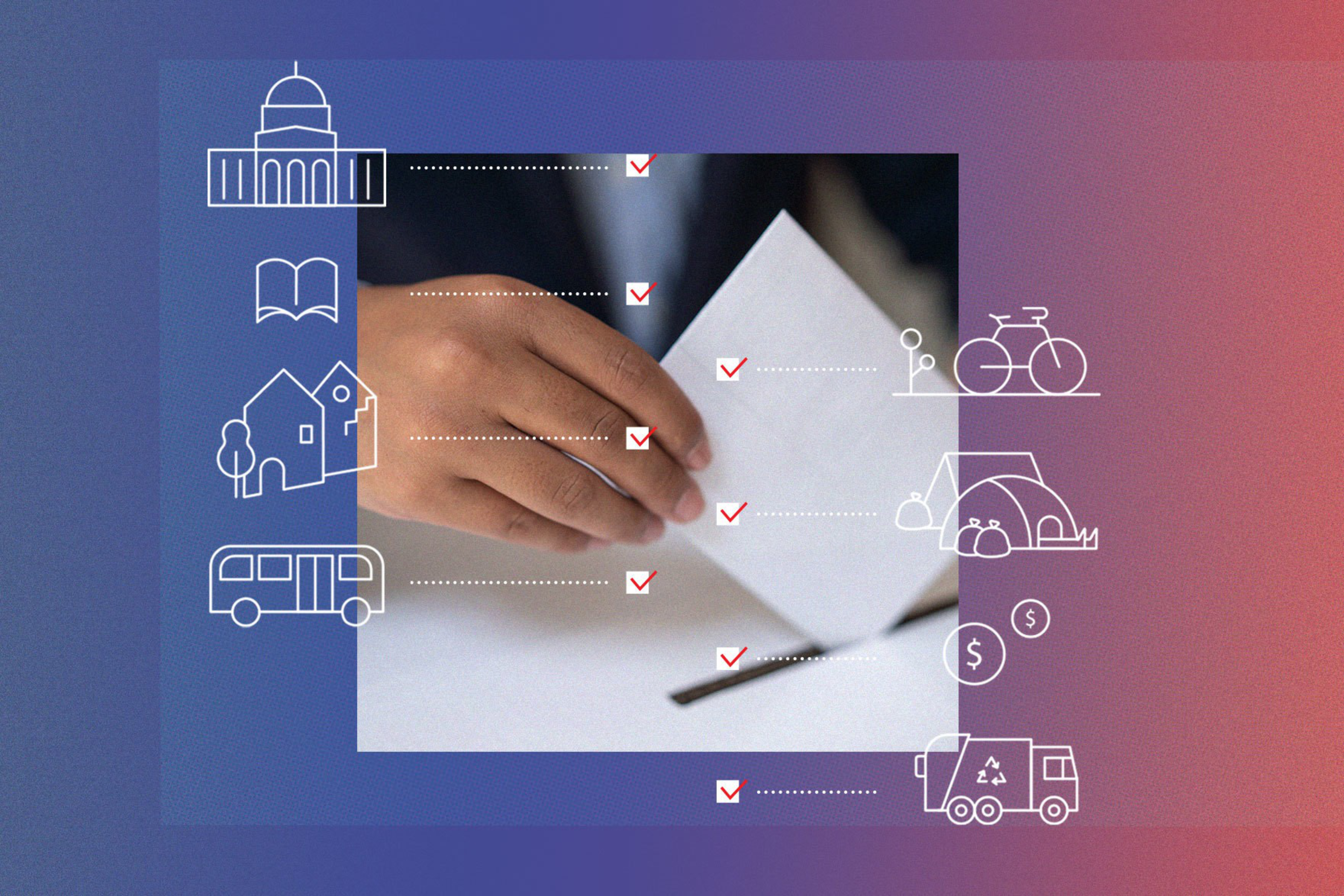 A hand places a ballot into a box, surrounded by icons of government, education, housing, transit, environment, recreation, economy, and waste management, all checked.