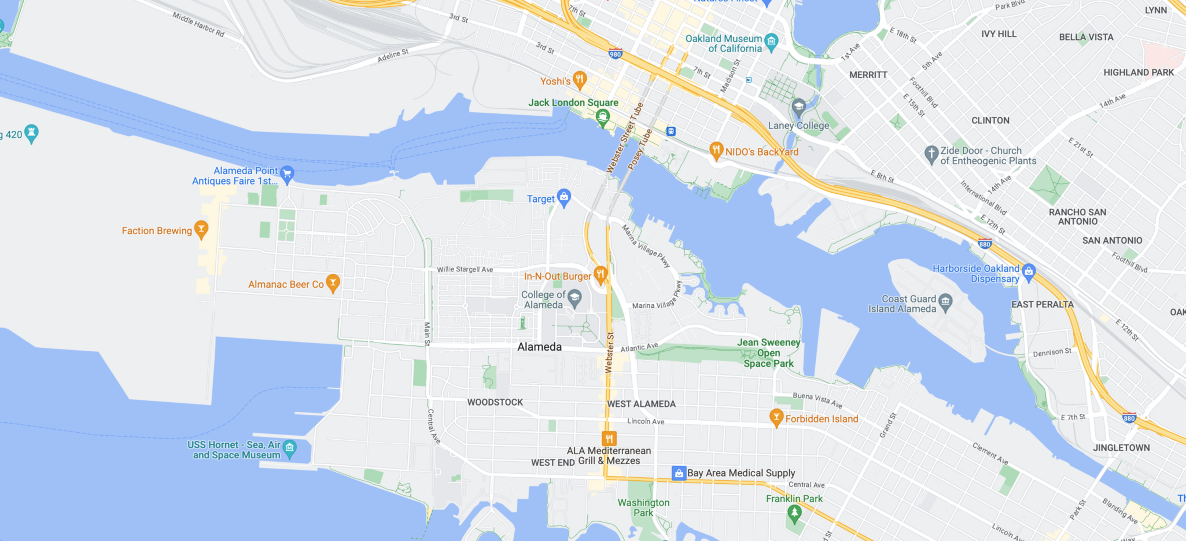 Alameda and nearby Oakland are shown with landmarks including Alameda Point, USS Hornet Museum, College of Alameda, Jack London Square, and Jean Sweeney Open Space Park.