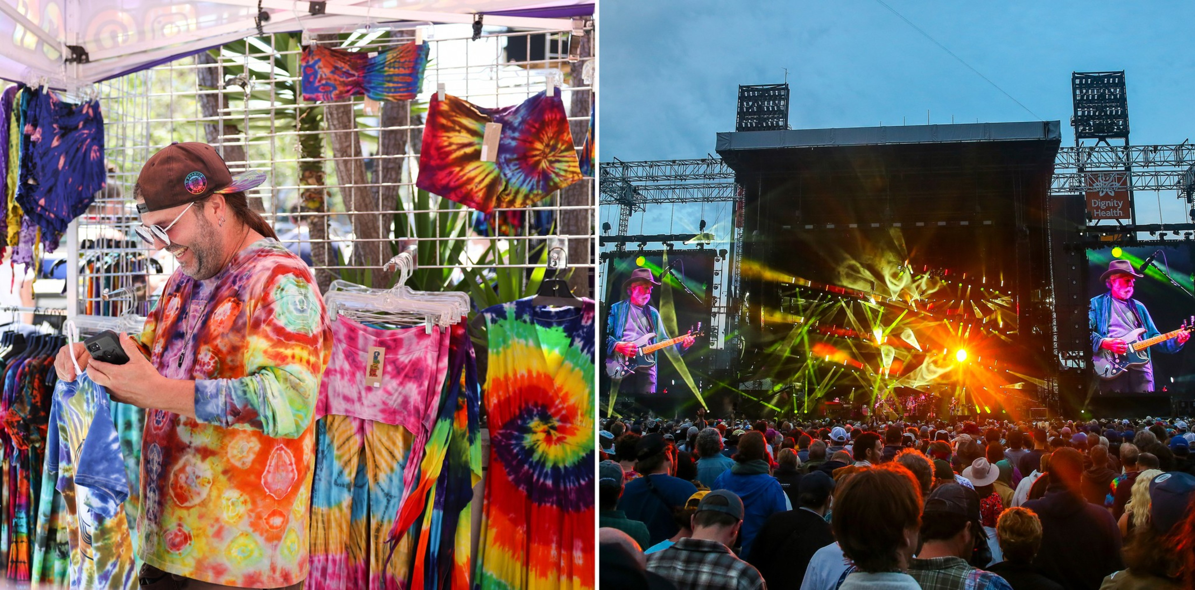 A man in a tie-dye shirt shops for colorful tie-dye clothes, while a large crowd watches a live concert with bright stage lights and screens.