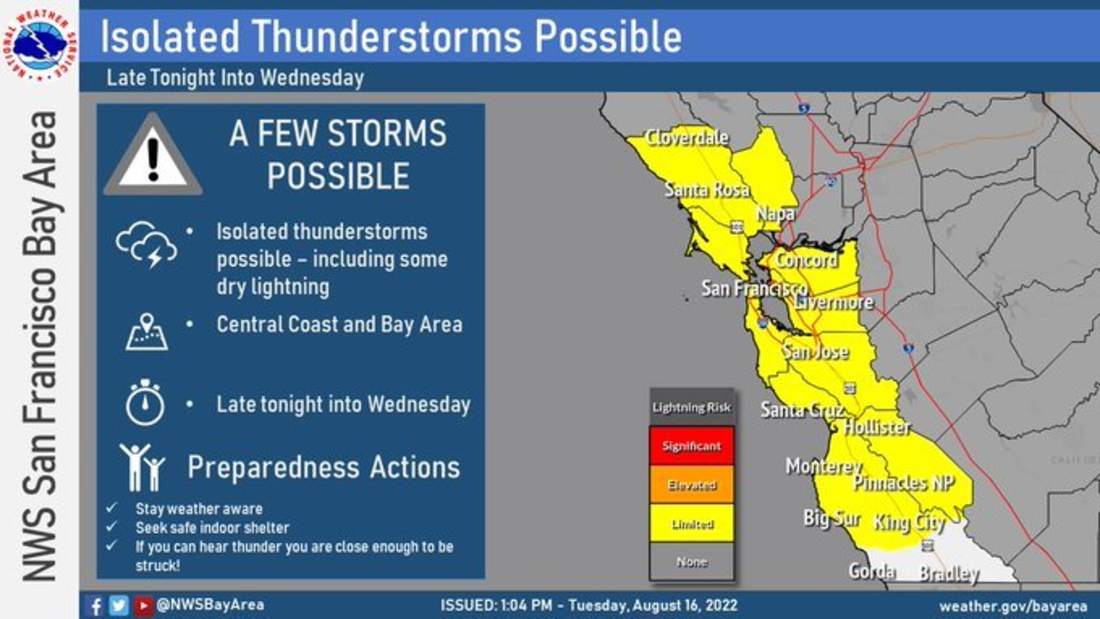 Screenshot showing thunderstorms are possible in the Bay Area.