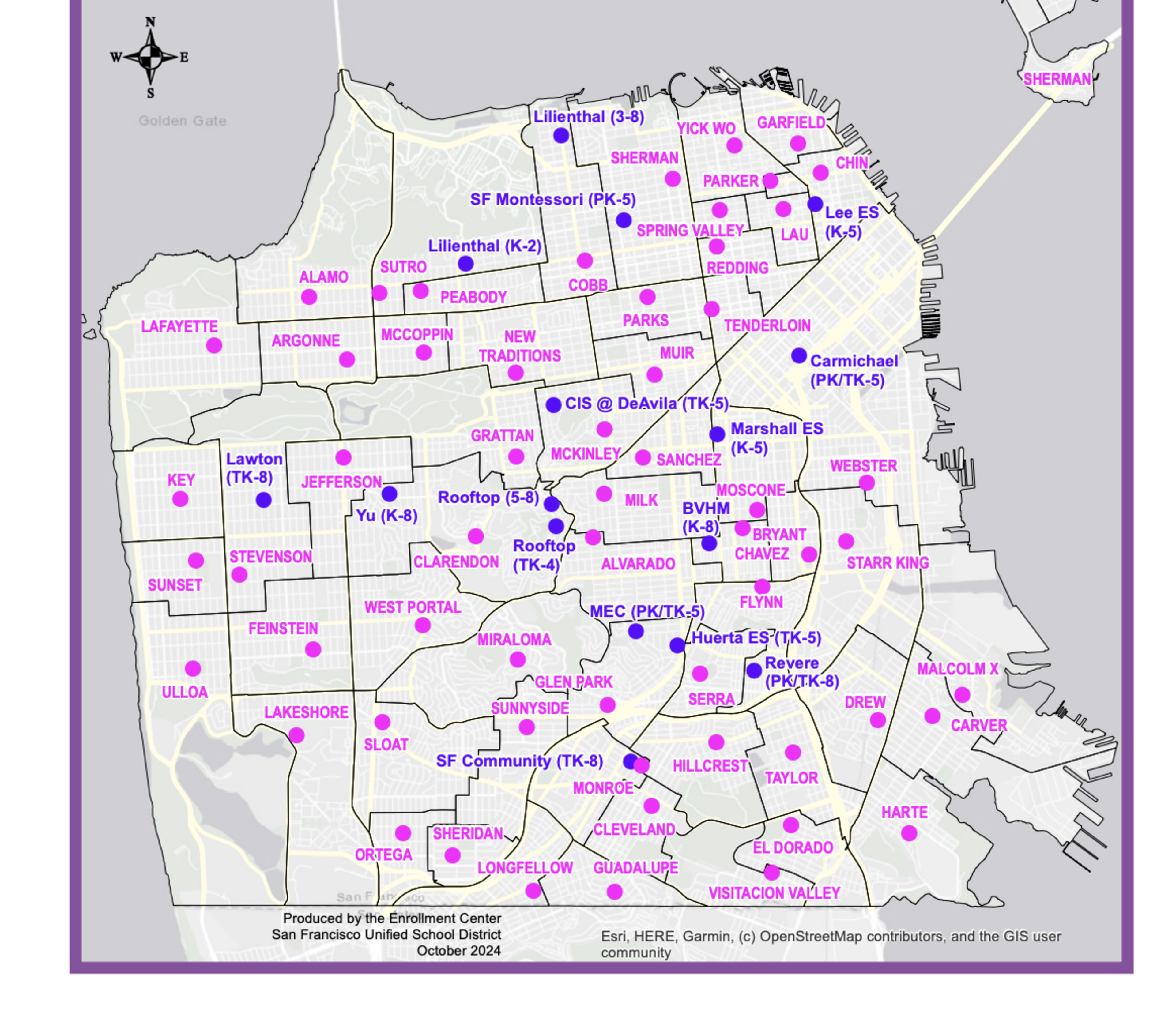 The image is a map of San Francisco, showing school locations. Schools are marked with purple and blue dots, with names and grade levels indicated beside them.