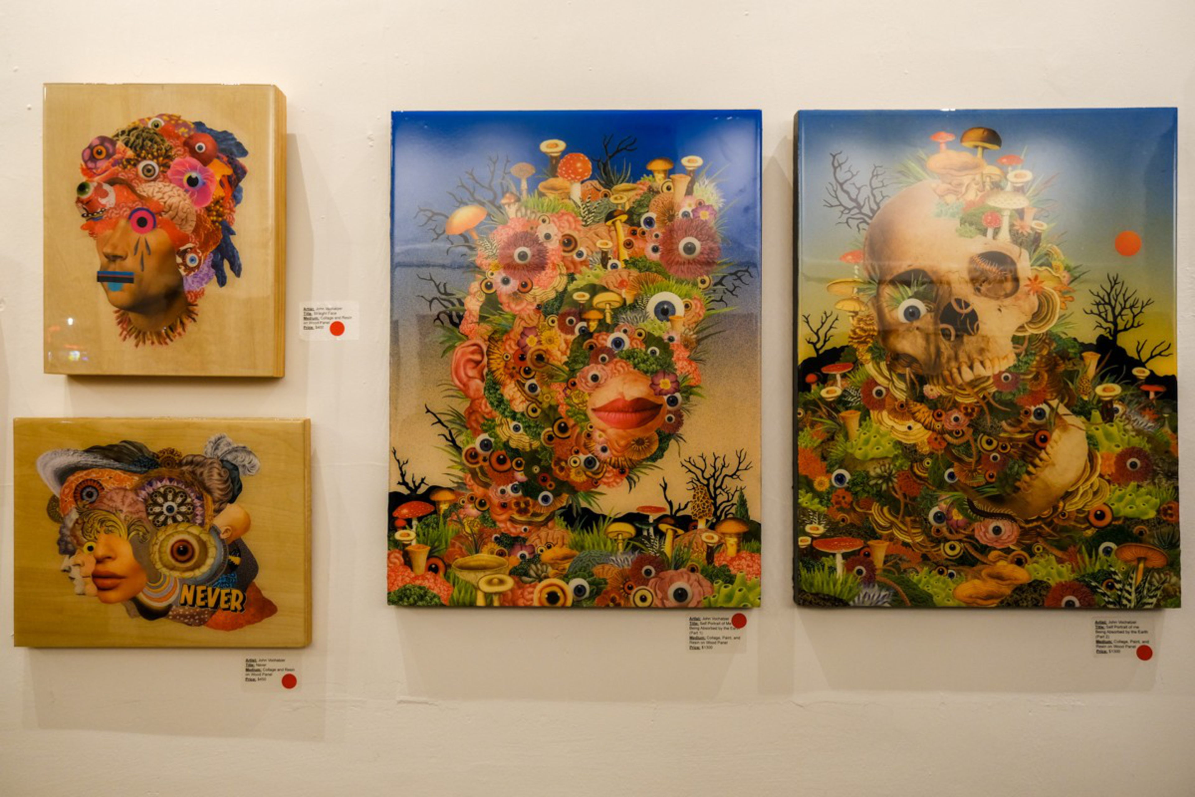 Four surreal portraits feature faces made from clusters of colorful flowers, eyes, mushrooms, and organic shapes against natural and abstract backgrounds.