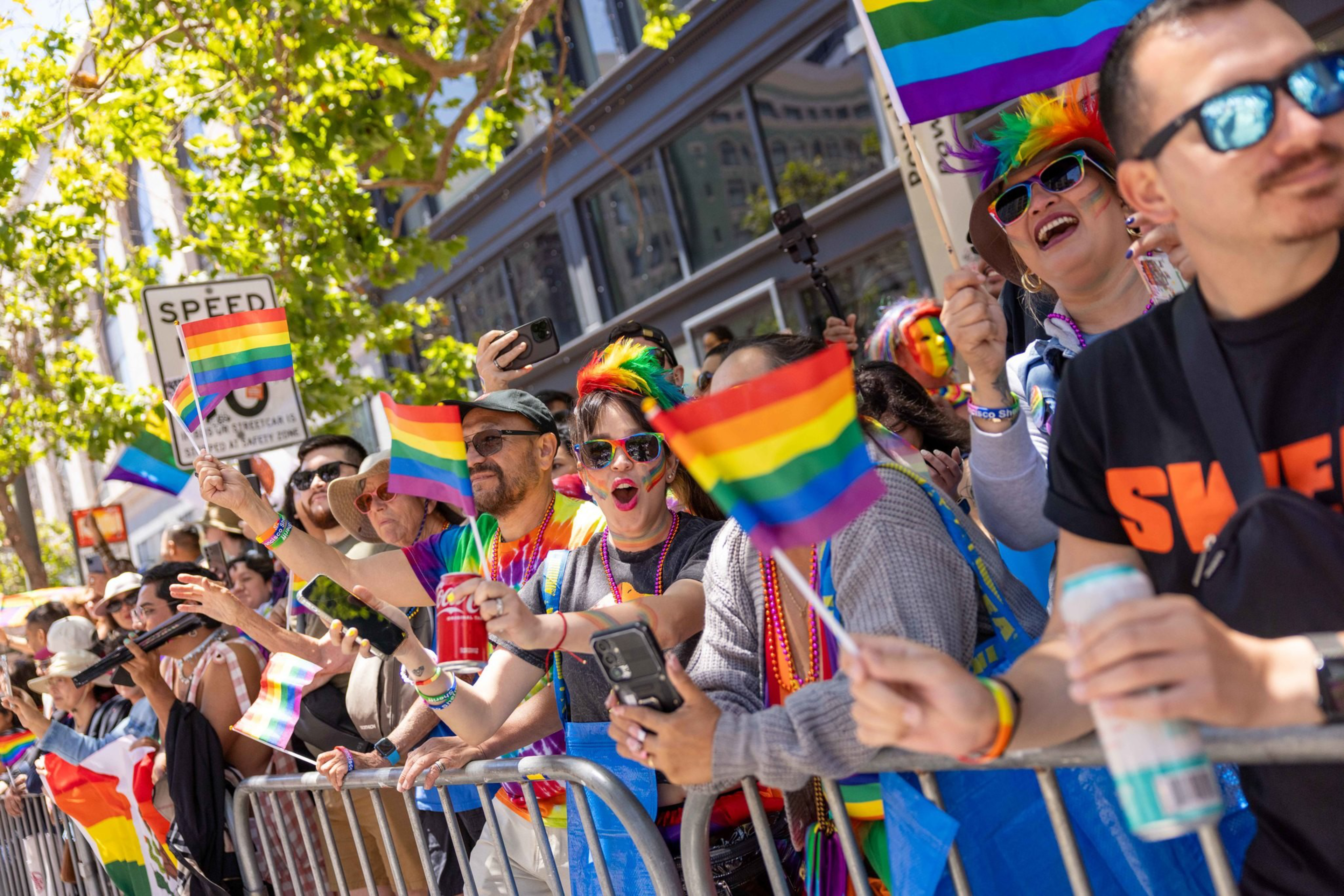 A lively crowd holding rainbow flags cheers behind a barrier at an outdoor event. Many wear colorful accessories and are taking photos with their phones.