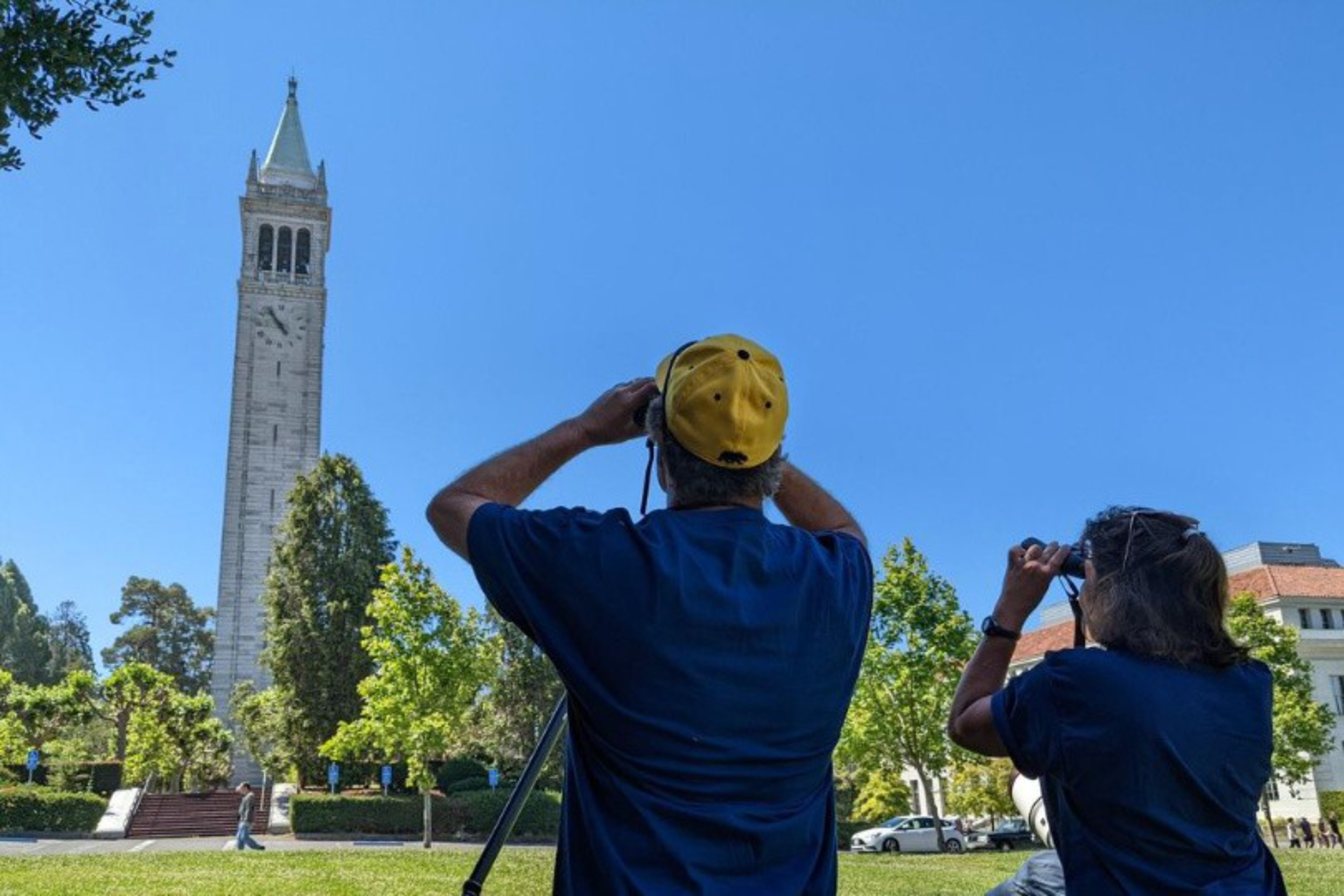 A tall clock tower stands against a clear blue sky with two people in blue shirts using binoculars to look at it while surrounded by green trees and grass.