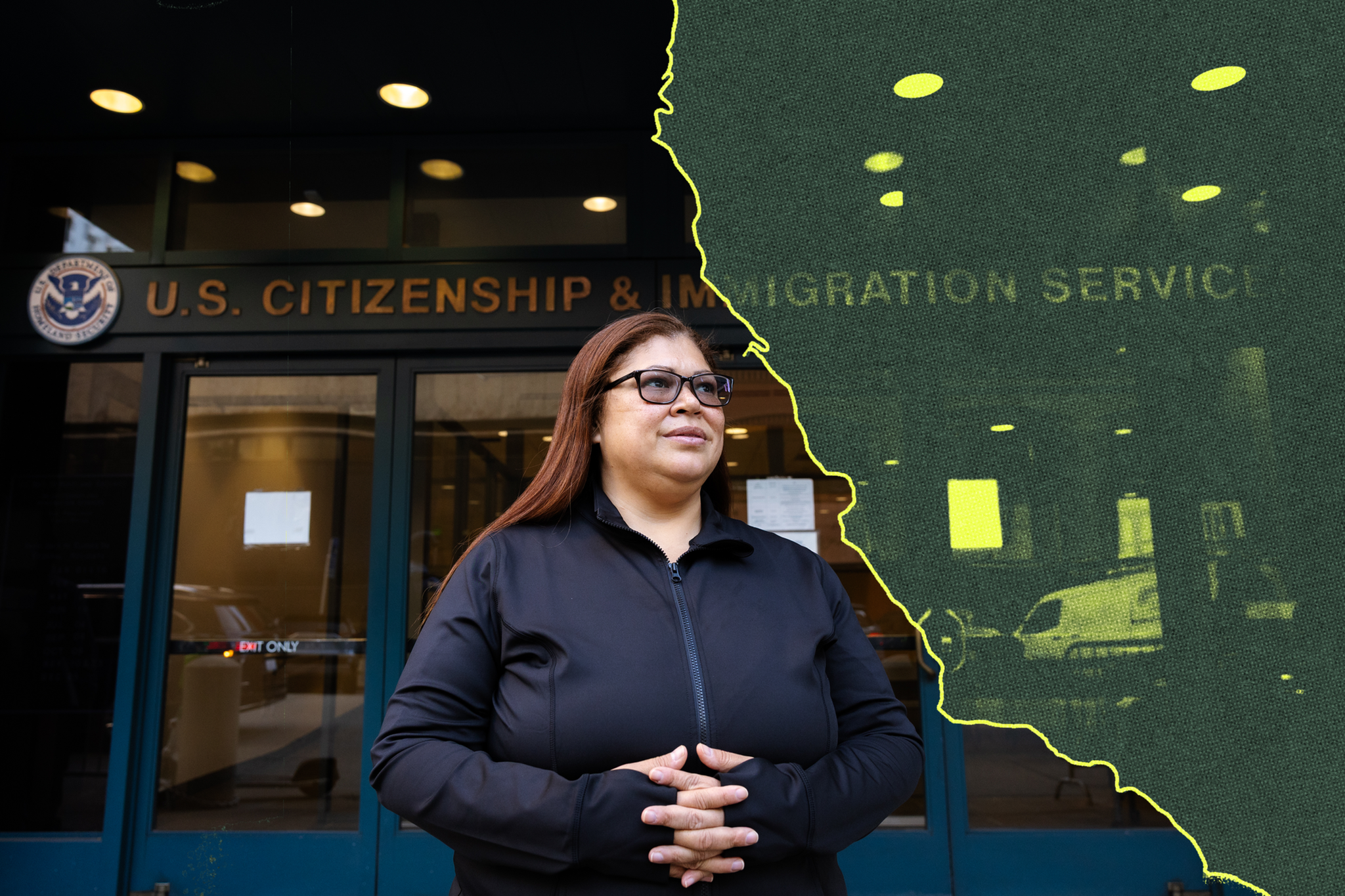 A woman with glasses and long hair stands with clasped hands outside the U.S. Citizenship and Immigration Services building.