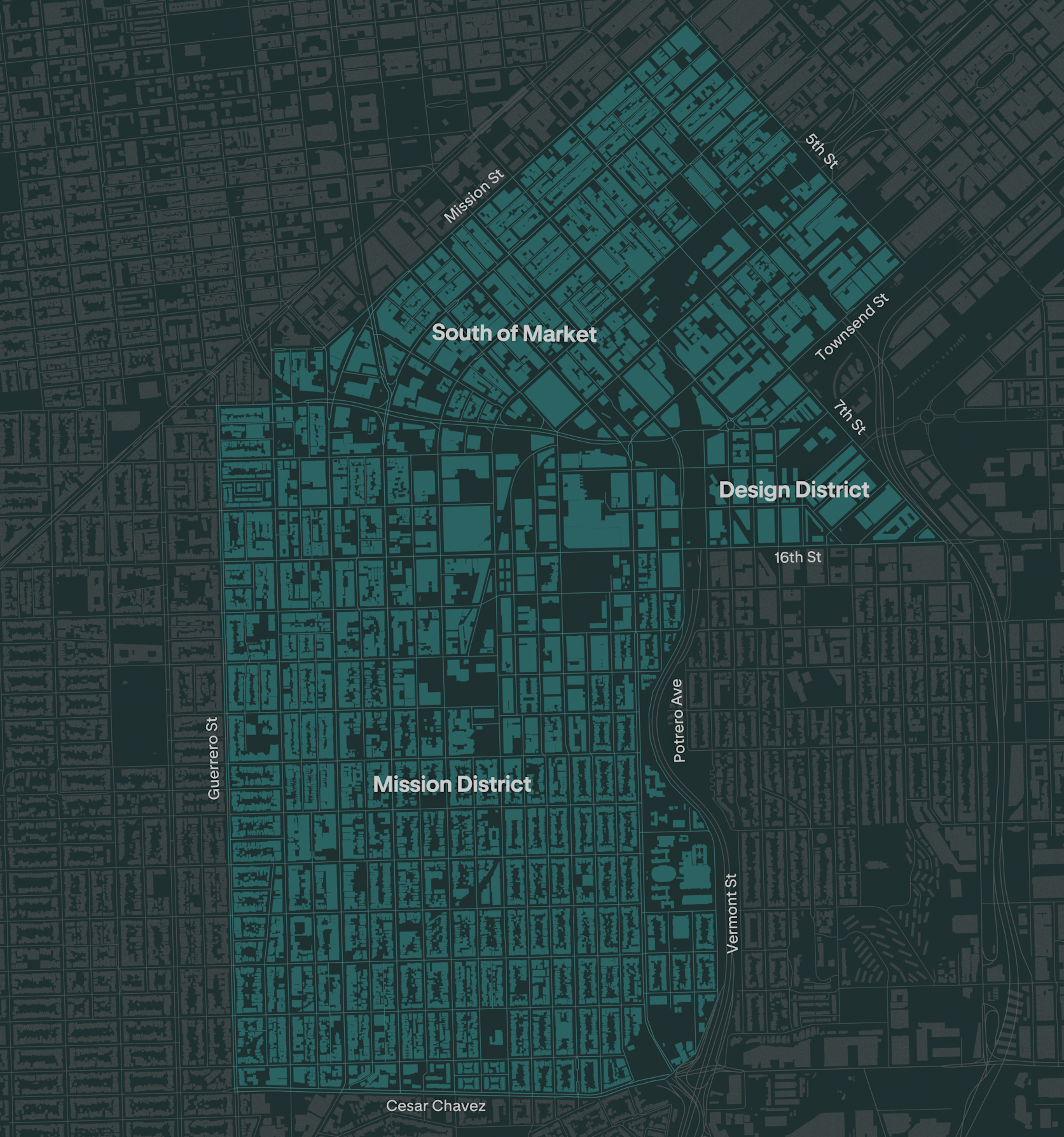 South of Market, Design District, and Mission District are highlighted neighborhoods on a detailed city map with major streets labeled.