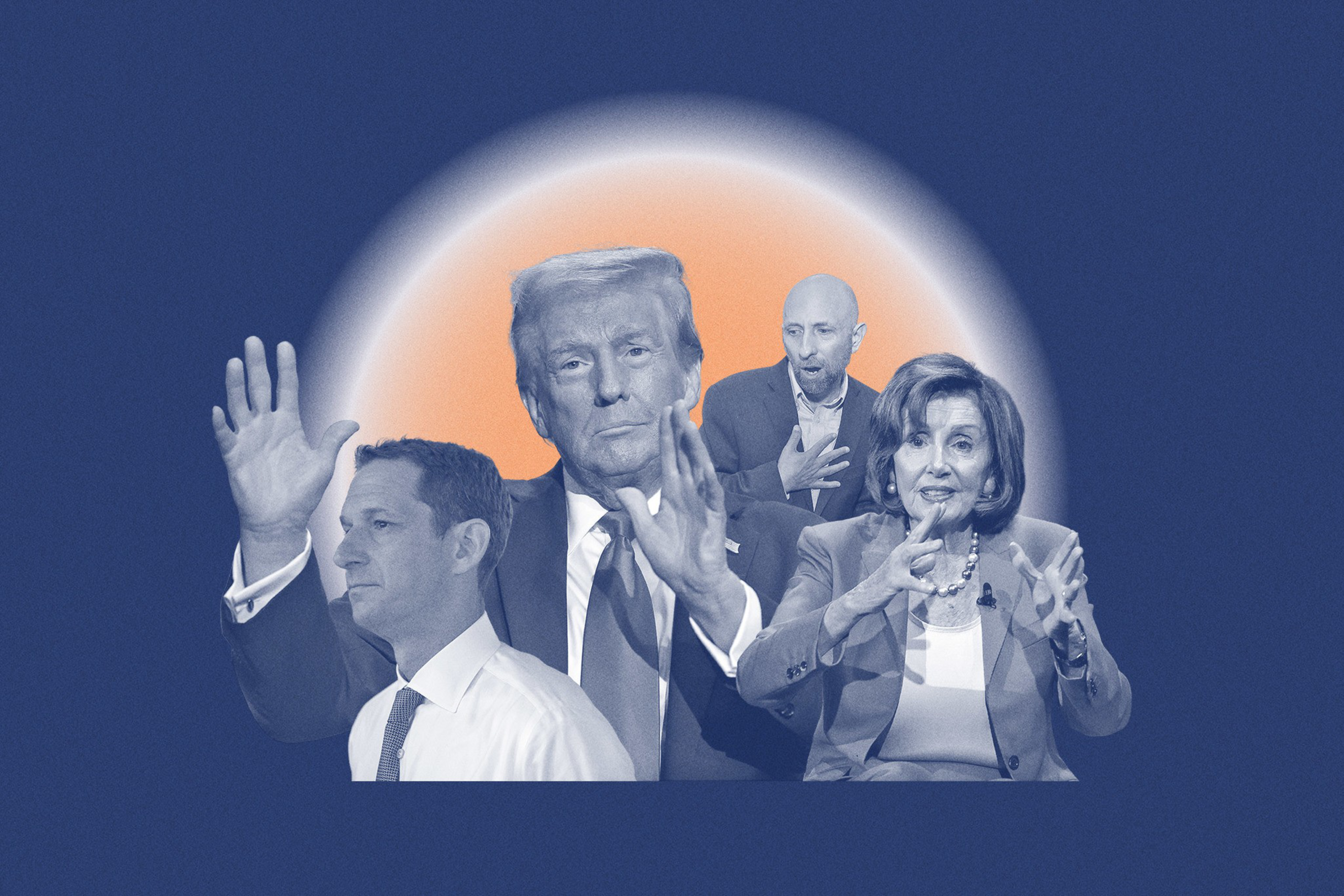 A photo collage featuring 3 men and a woman in aggressive stances.
