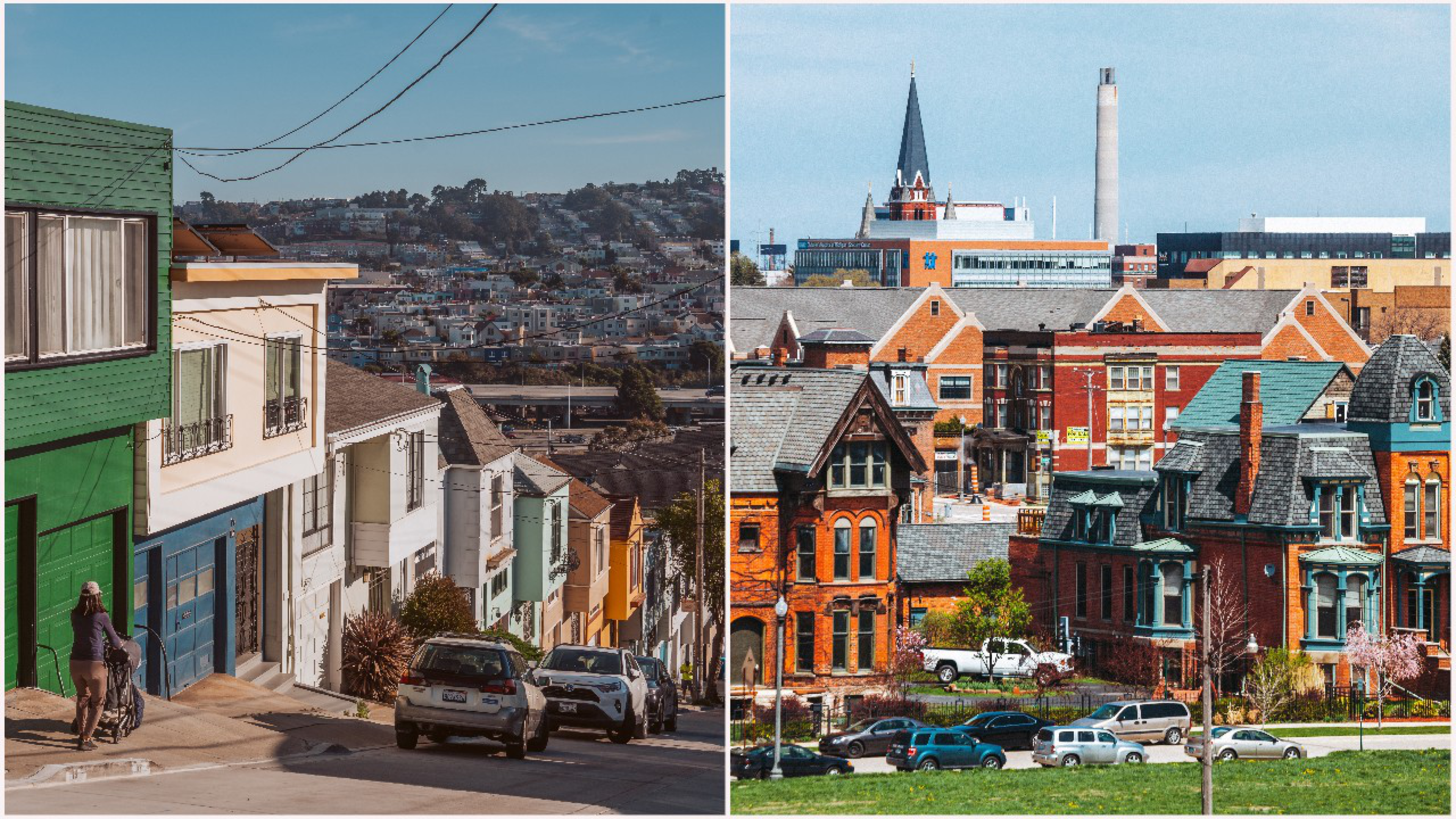 The image shows two contrasting urban scenes; the left side features steep streets with colorful homes and cars, while the right side has historic red brick buildings and a church spire.