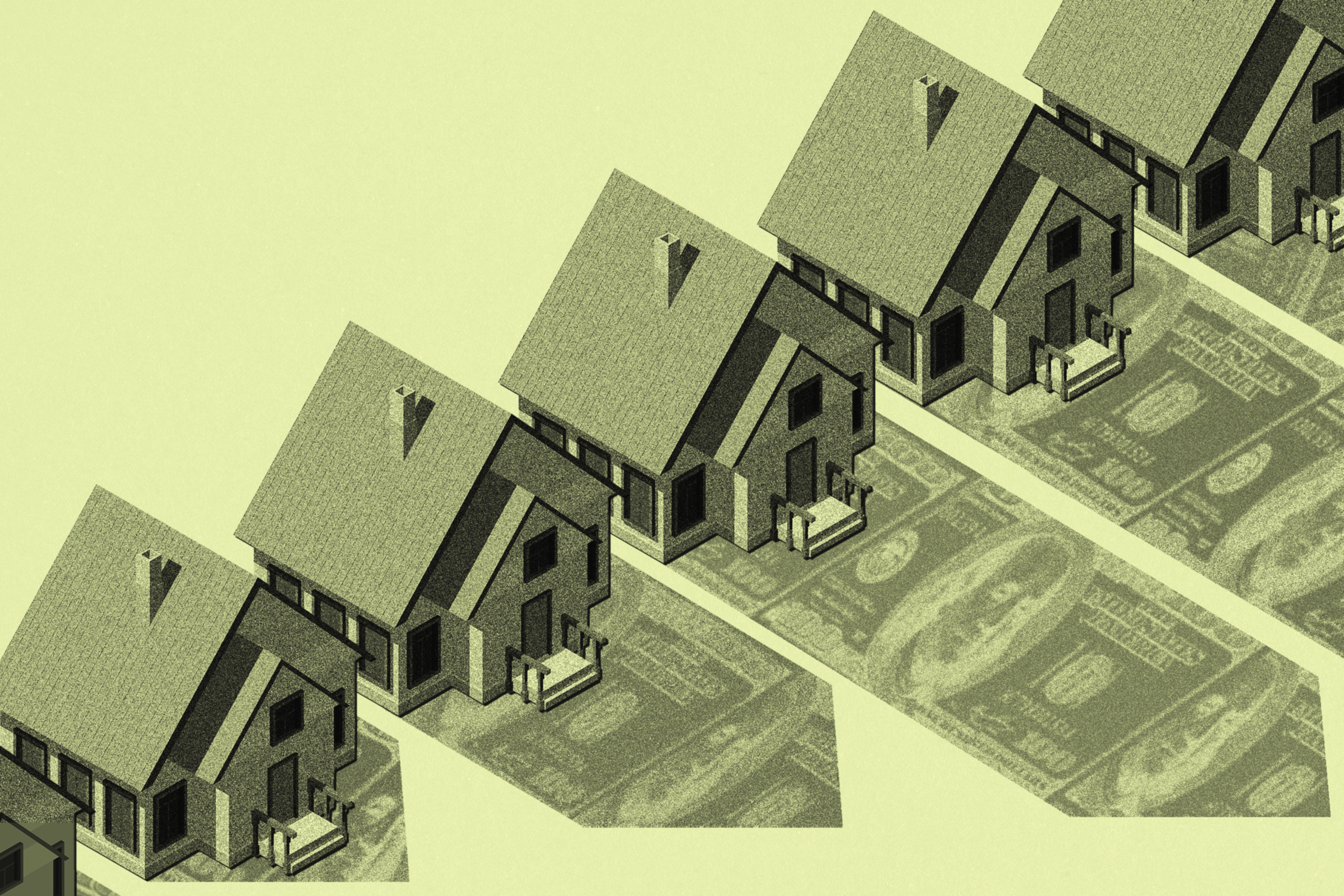 Five identical houses cast shadows shaped like dollar bills, symbolizing the financial value or cost associated with homeownership.