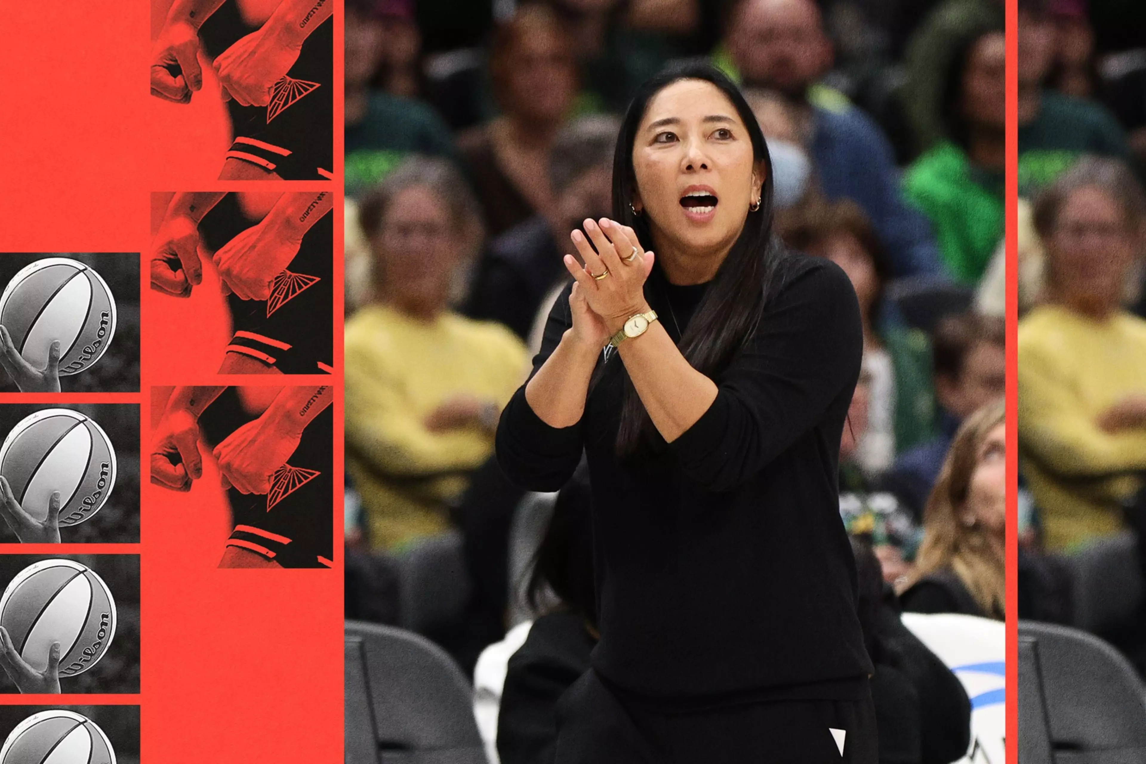 A woman in black claps her hands and speaks, standing in a crowded arena with a basketball-themed red and black graphic on the left side.