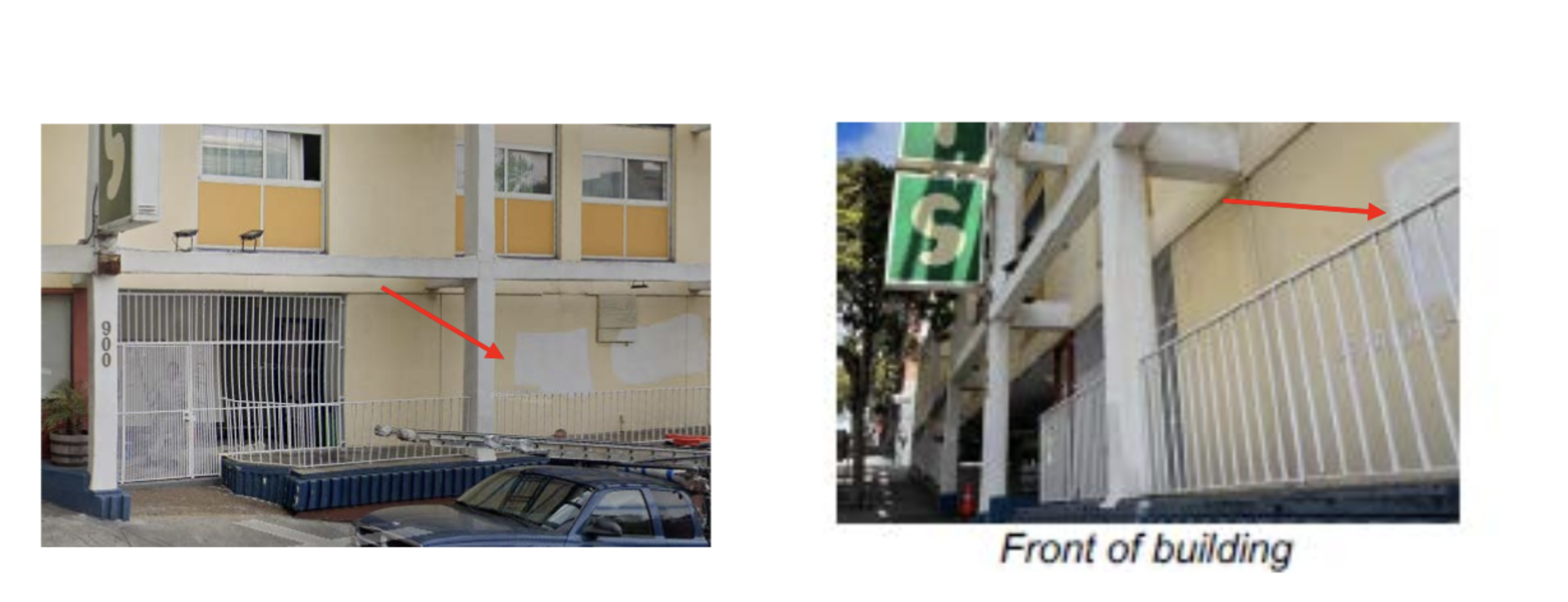 Two images showing a yellow building with a barred gate, highlighted by red arrows indicating a matching structure.