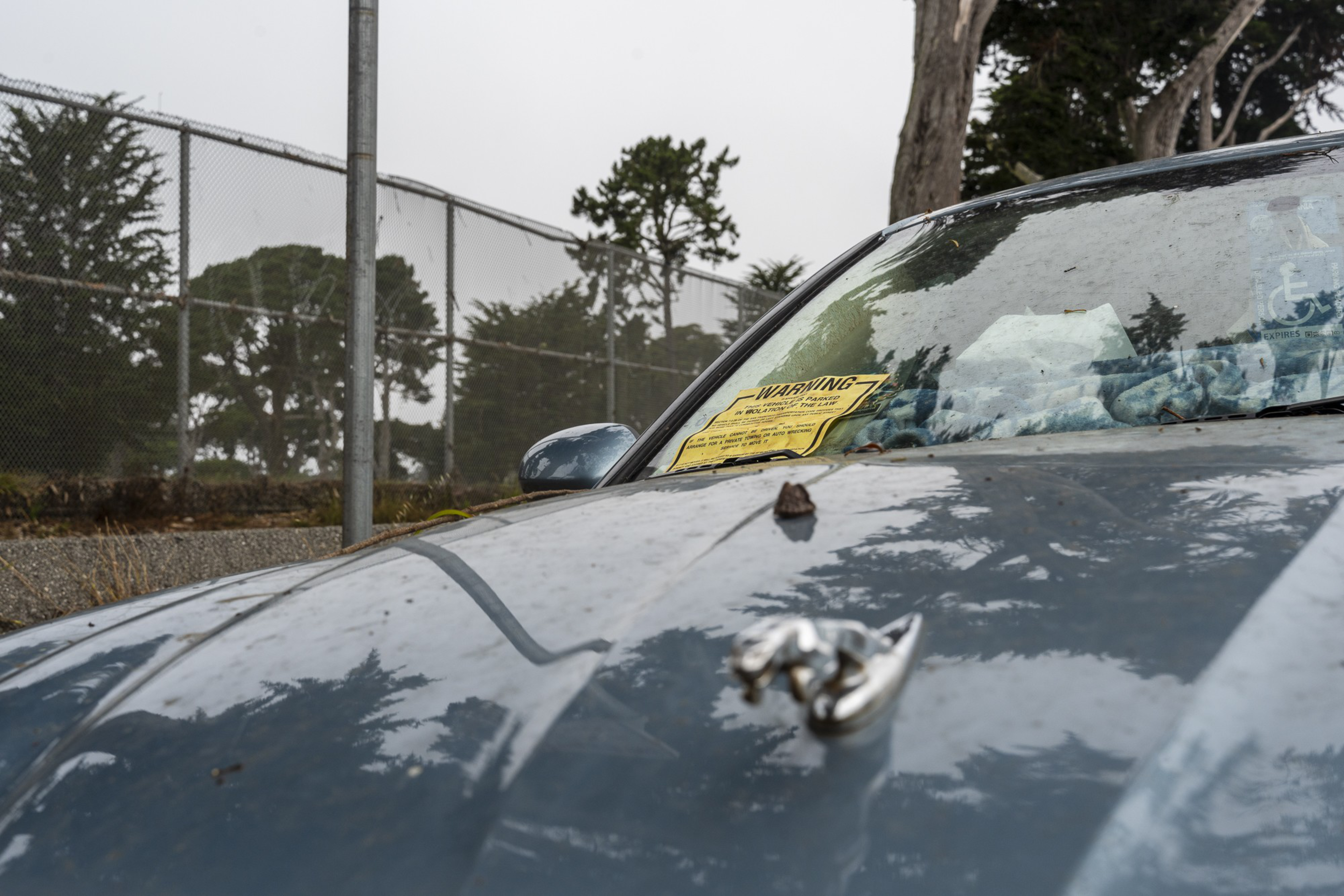 A dusty blue car with a hood ornament displays a yellow warning notice on the windshield. The background features a chain-link fence and trees.