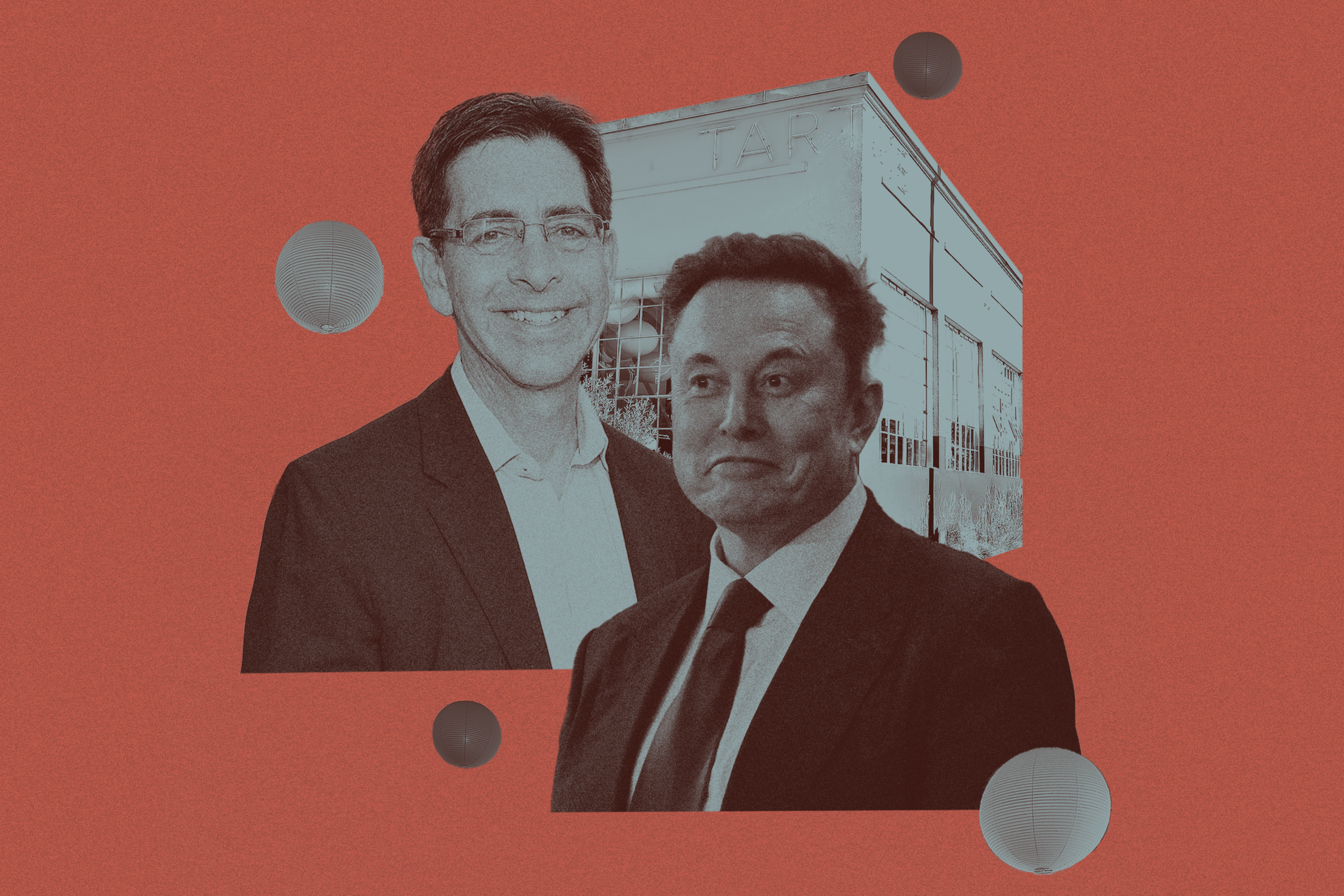 Two men in suits are in front of a vintage building on a red background, with gray circular designs scattered around them.