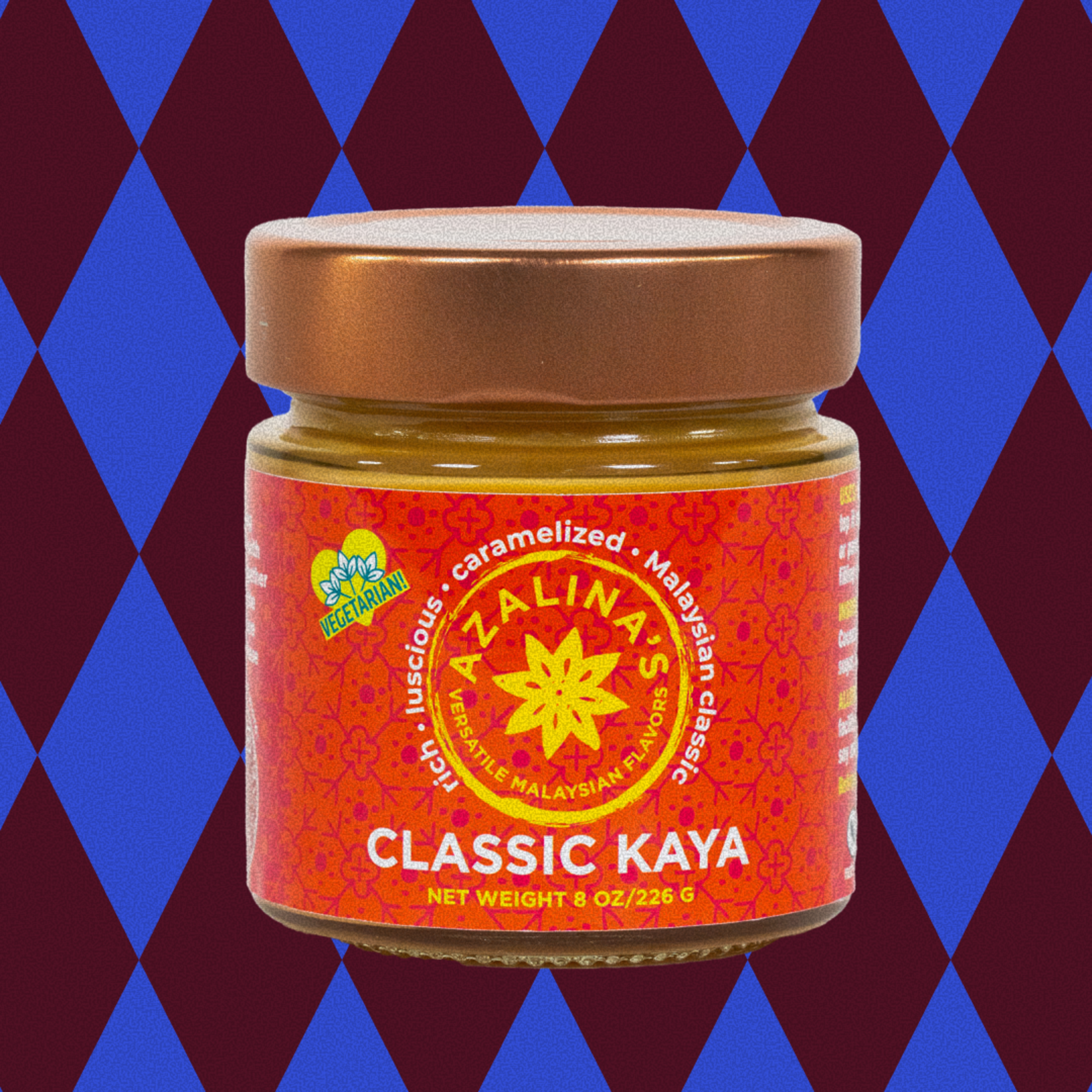 A jar of Azalina's Classic Kaya with a copper lid, featuring a red label with yellow and white text and a vegetarian symbol.