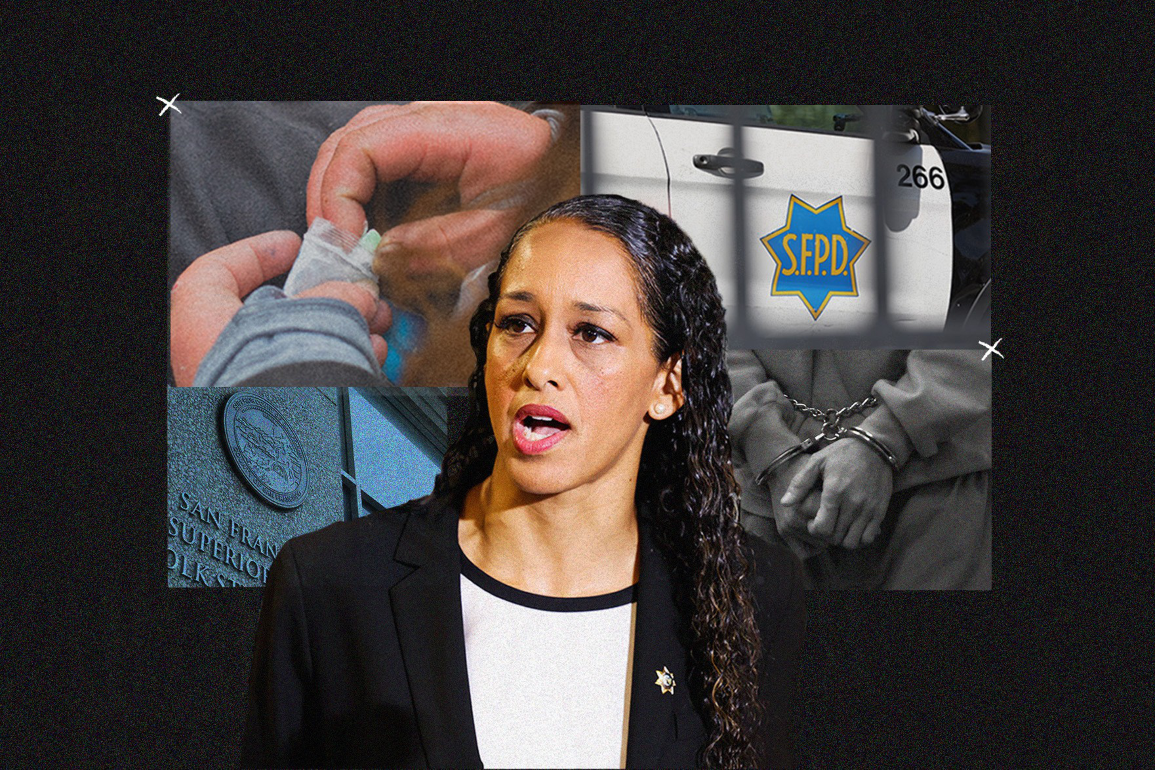 A woman speaks in front of images showing hands being handcuffed, an SFPD police car, a person receiving medical care, and the San Francisco Superior Court sign.