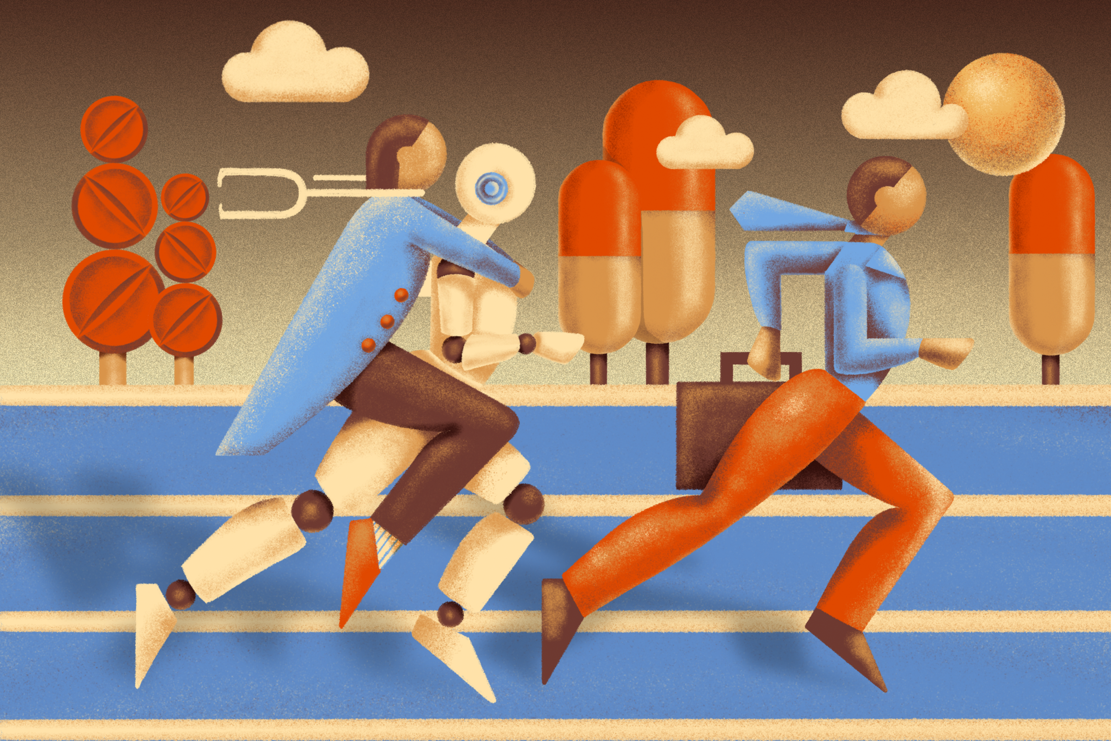 A stylized robot and human run side by side in a park. The robot holds a briefcase. The background features abstract trees, clouds, and a sun.