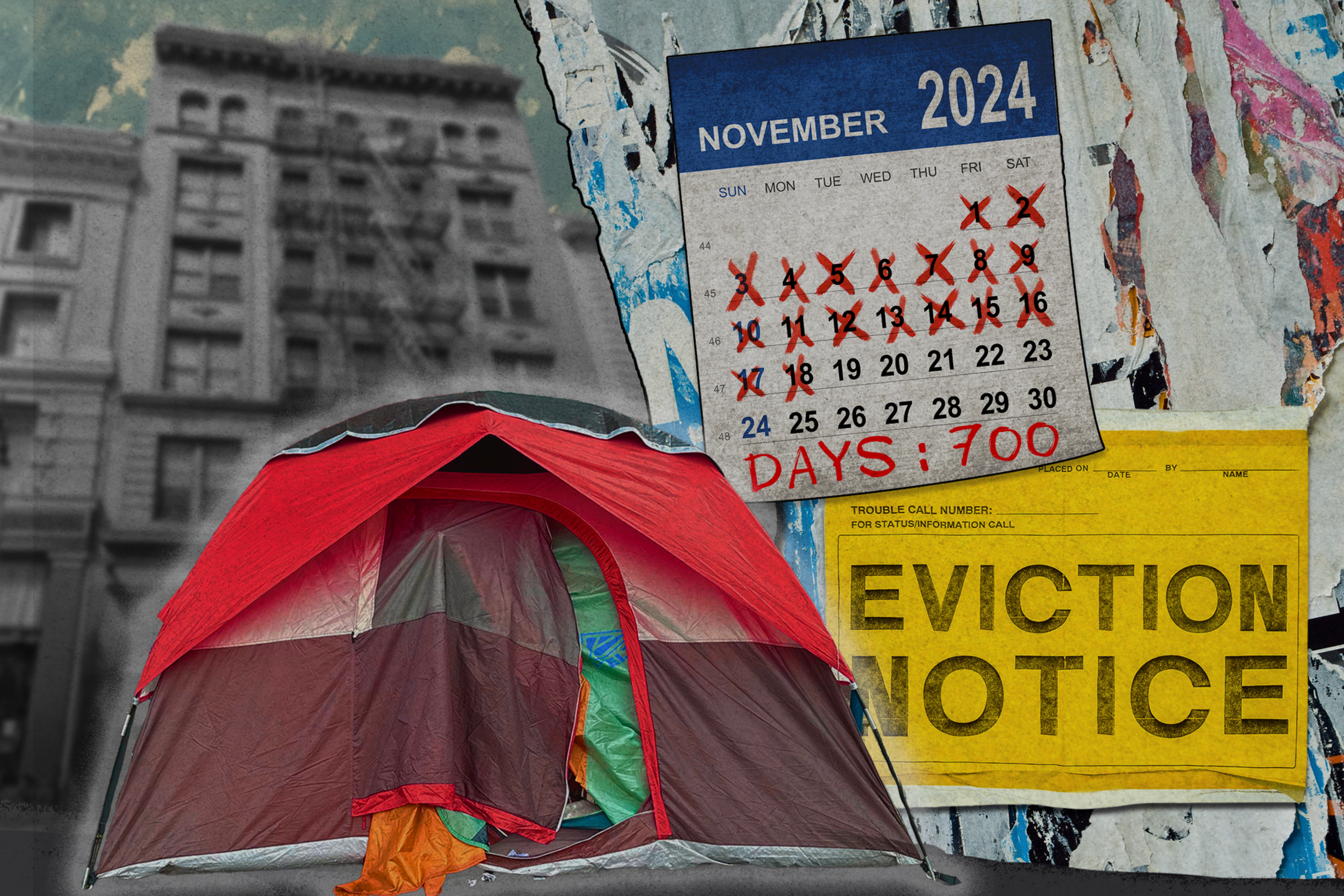 The image shows a red tent in front of a building, a 2024 November calendar with days crossed out, and an eviction notice, highlighting homelessness and eviction issues.