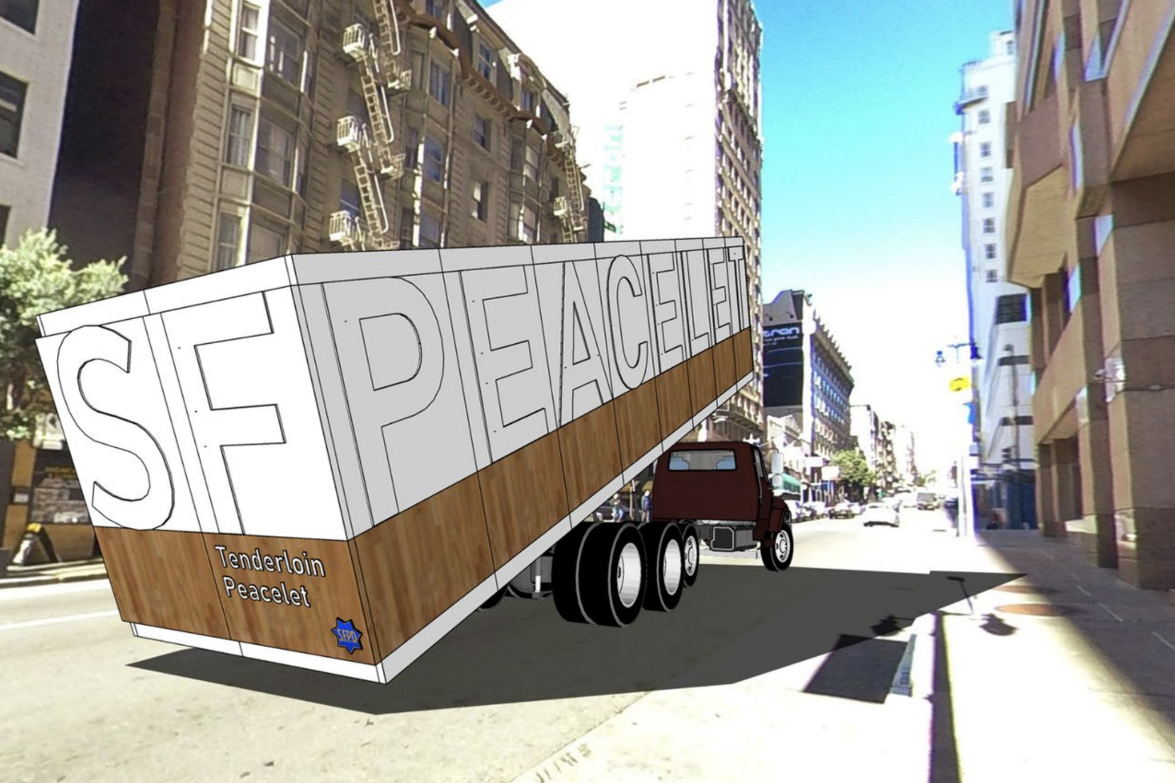 A street scene features a large truck with a trailer displaying &quot;SF PEACELET&quot; and &quot;Tenderloin Peacelet&quot; text. Tall buildings and a clear sky frame the background.