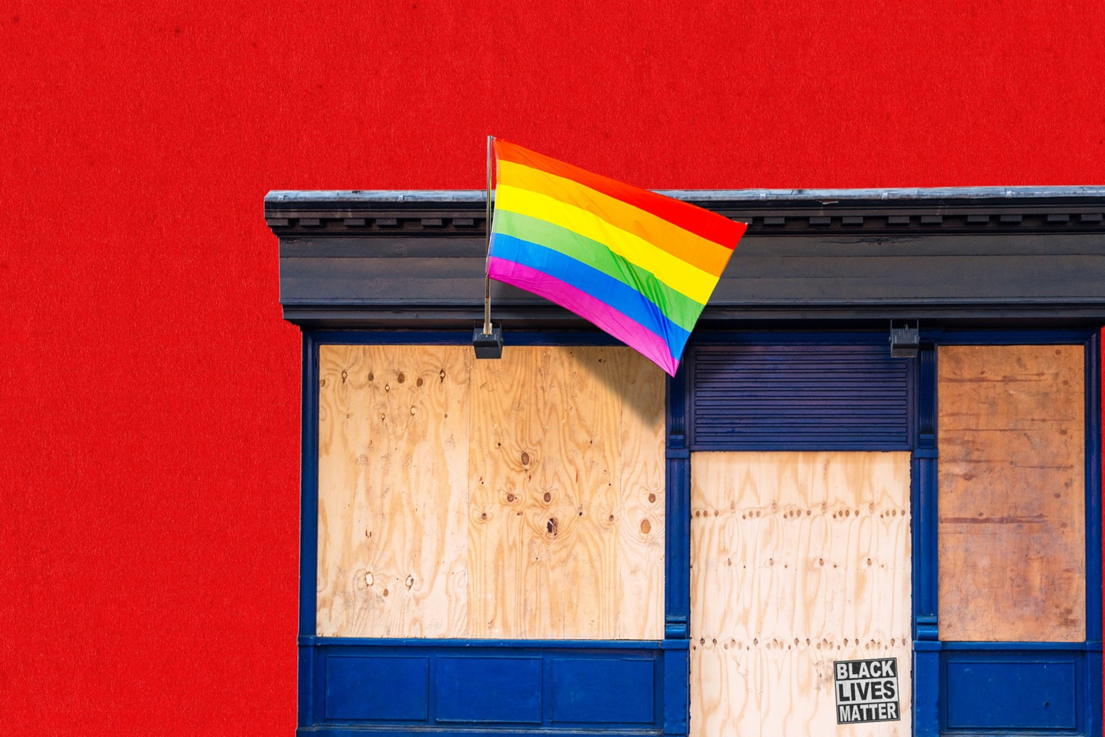 A photo illustration of a building with a rainbow flag and boarded up windows.