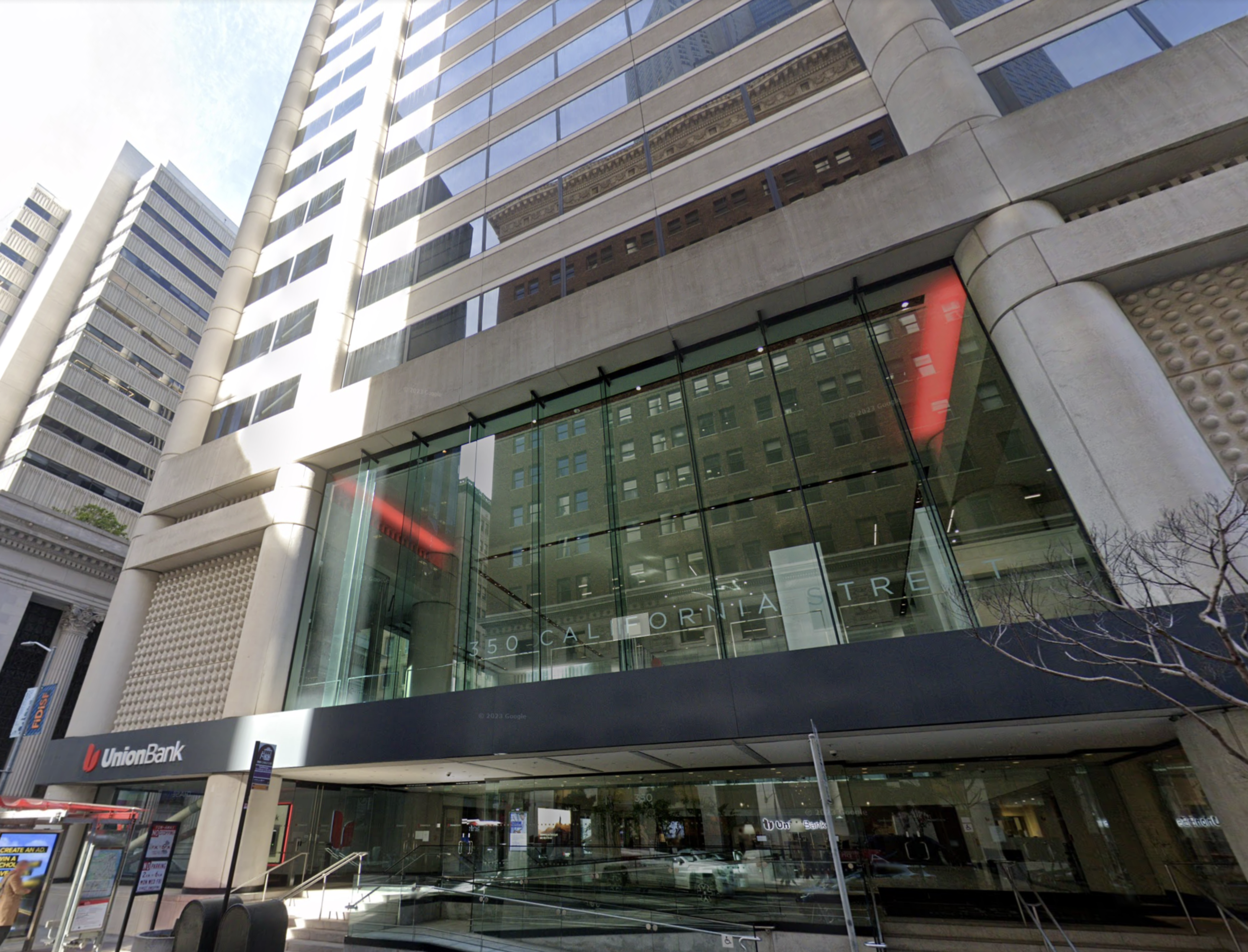 A tall modern building with large glass windows displays "350 California Street," housing a Union Bank branch on the ground floor.