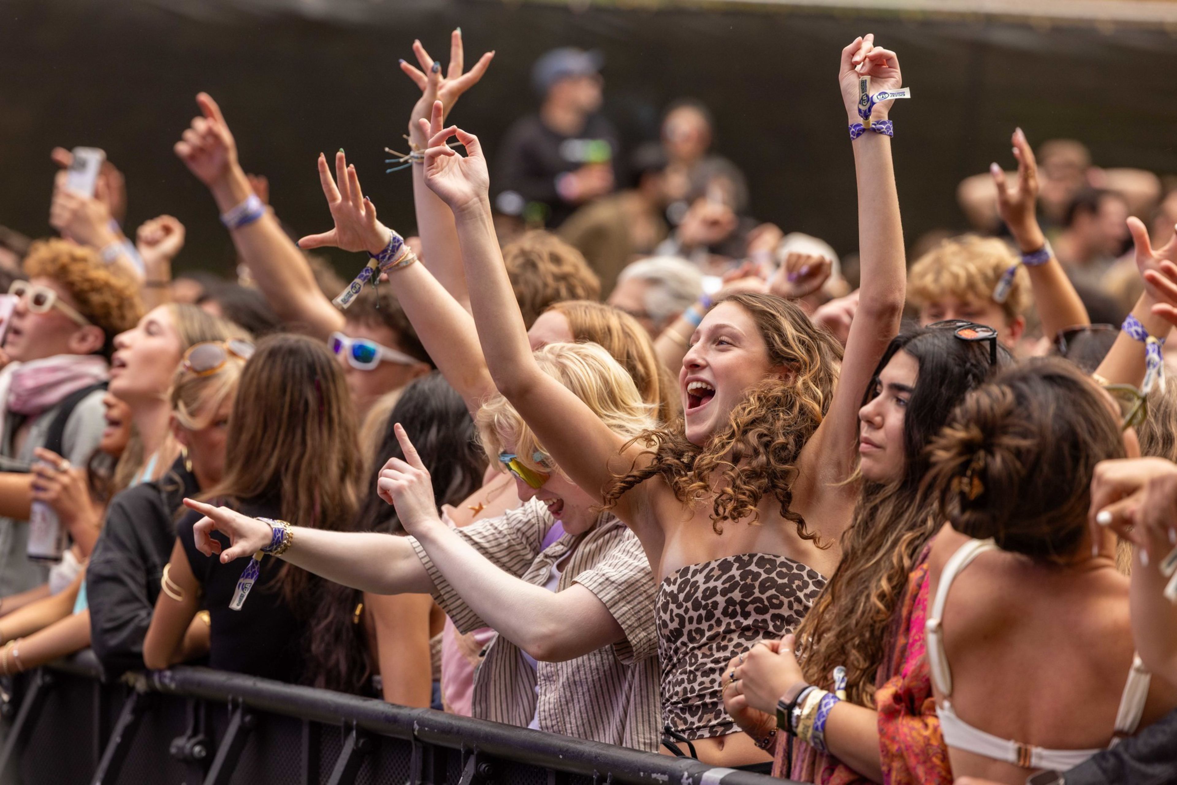 A lively crowd of young people cheer and raise their hands enthusiastically at an outdoor concert or festival.
