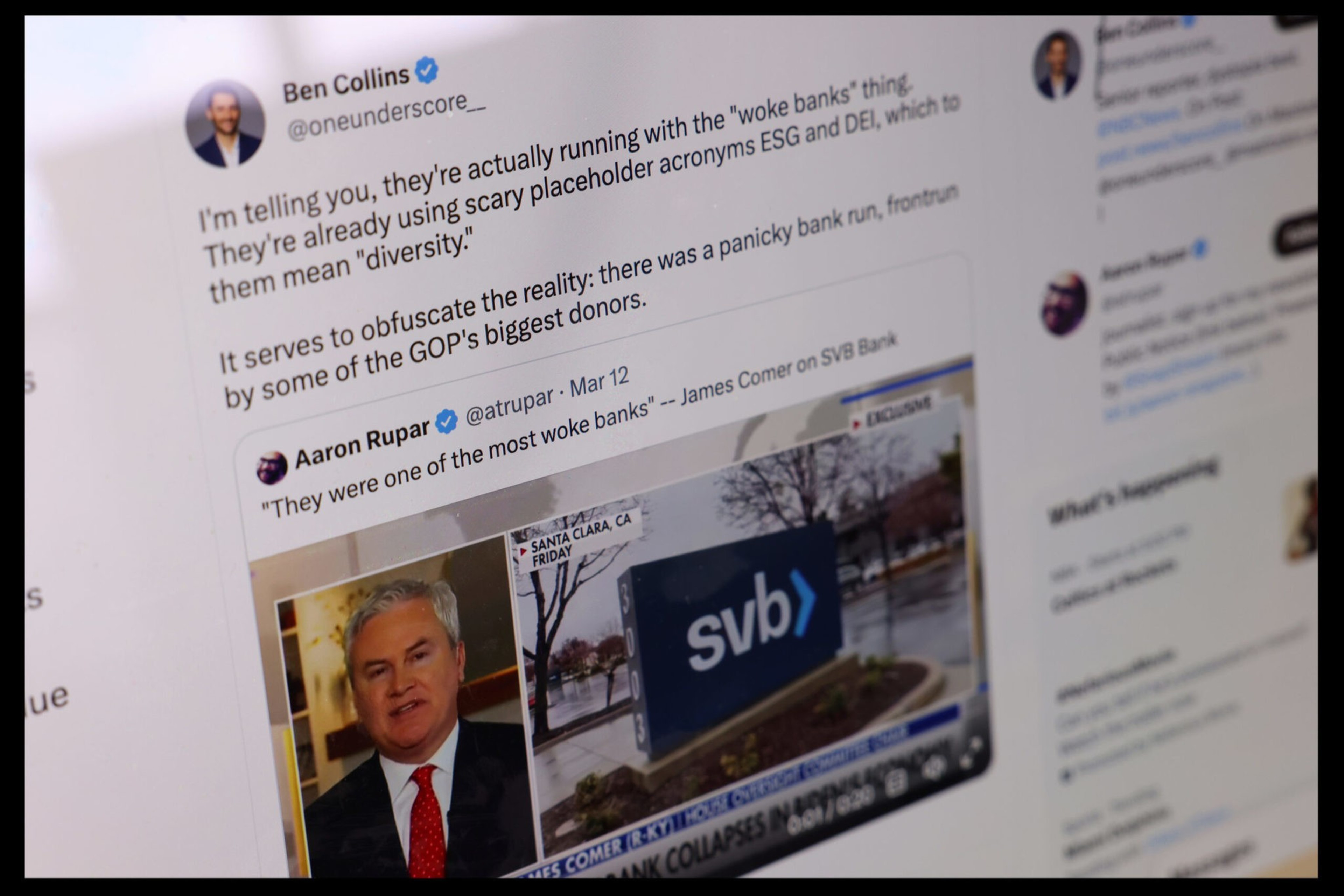 Ben Collins tweets about banks using ESG and DEI acronyms to mask a panic bank run by GOP donors, quoting Aaron Rupar on SVB being a "woke bank."